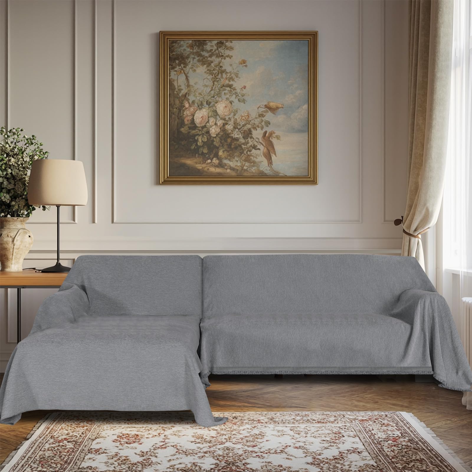 BellaHills Cubre Sofa Chaise Long 3 Plazas Verano Impermeable Funda Sofá Antideslizante Antimanchas Protector Sofá Chenilla Reversible Universal Gris