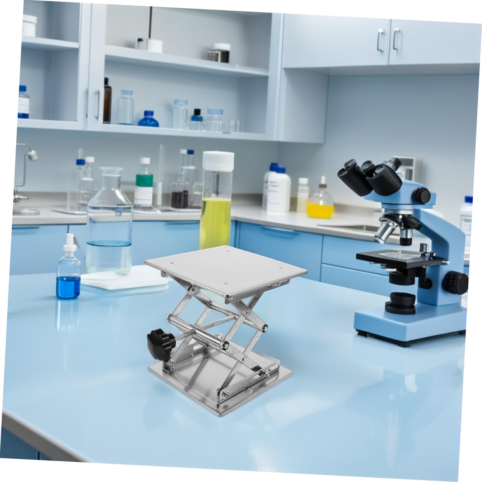 KOMBIUDA Plataforma Elevadora de Laboratorio Ajustable Gato de Mesa de Acero Inoxidable 200x200mm Soporte Manual para Experimentos Científicos