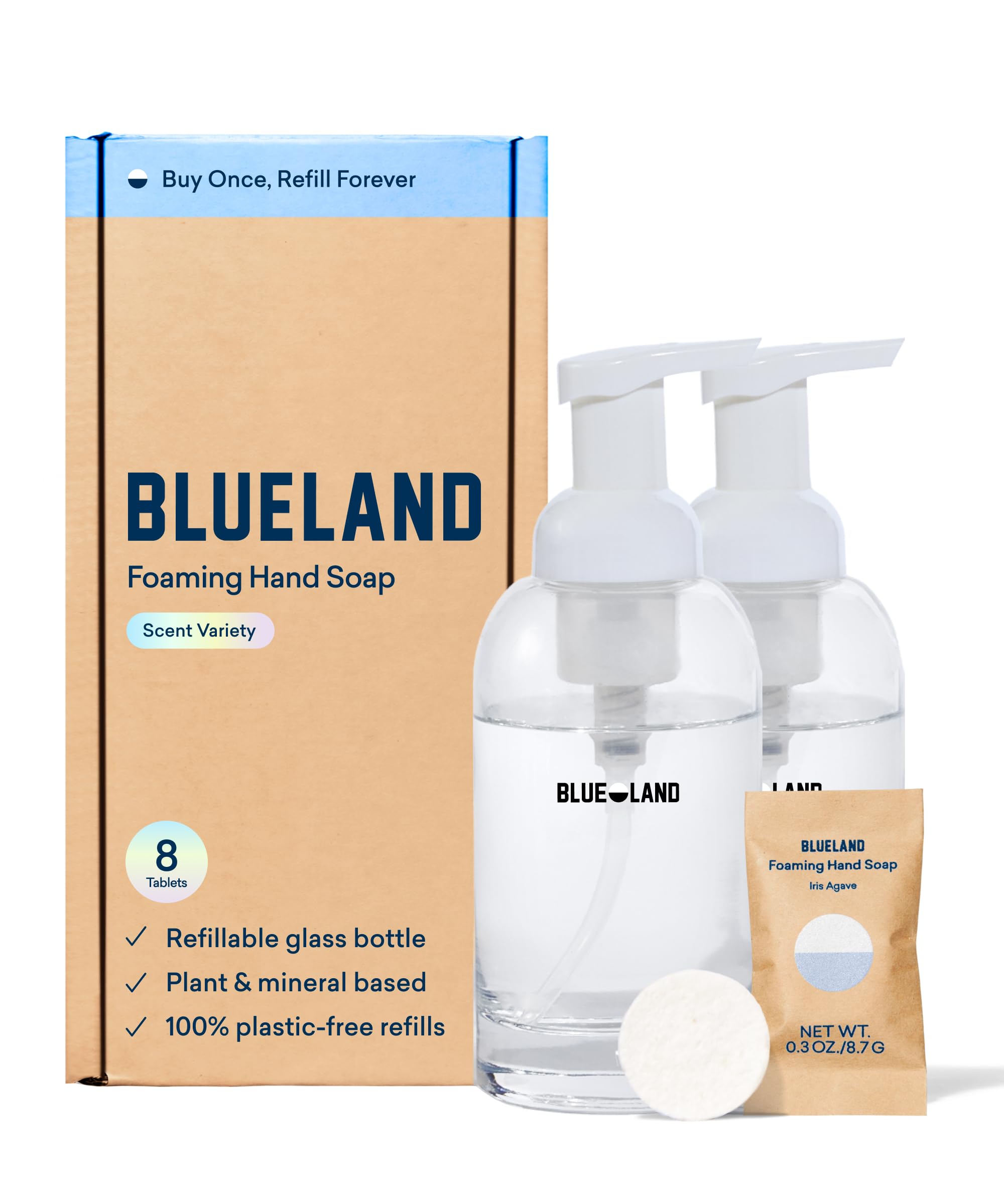 BLUELAND Hand Soap Duo, 2 Refillable Glass Foaming Hand Soap Dispensers with 8 Refill Tablets, Variety Scents, 8 x 9 Fl oz