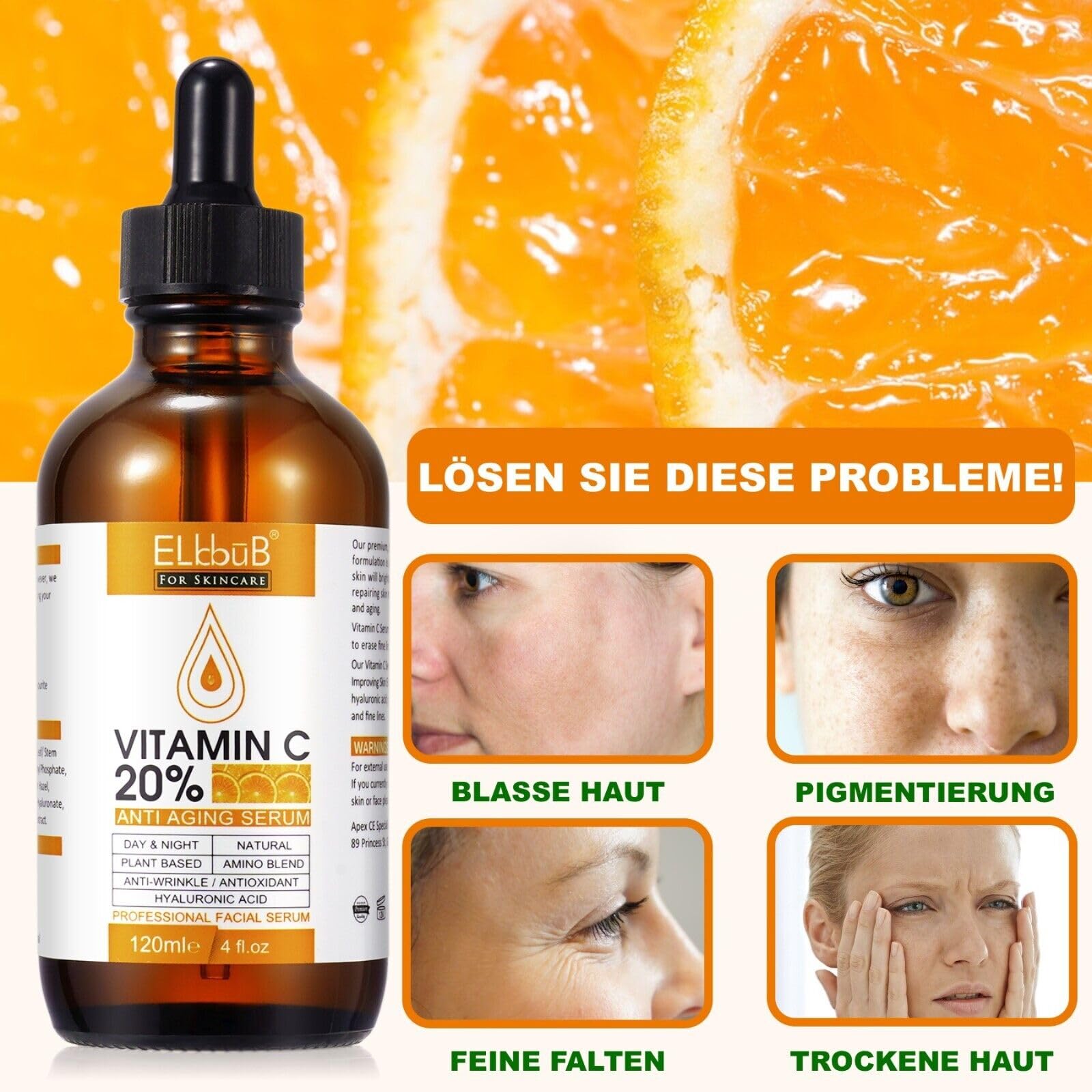 siero viso anti-invecchiamento con vitamina C ed E | acido ialuronico | anti-invecchiamento | combattimento delle rughe, vegano | 3 x 120 ml