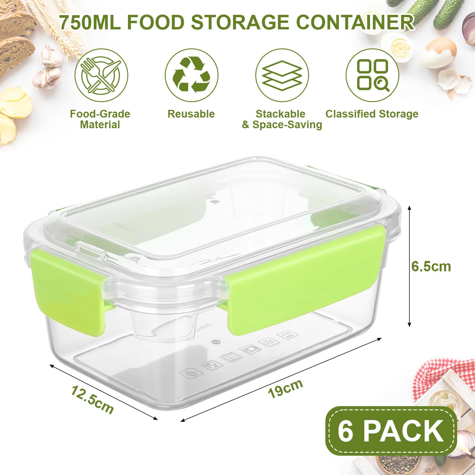 VINATO Set di 6 Contenitori Ermetici per Alimenti da 0.75 Litri, Contentiori in Plastica per Alimenti con Coperchio, 4 Chiusure di Sicurezza, Senza BPA adatti per Microonde e Lavastoviglie
