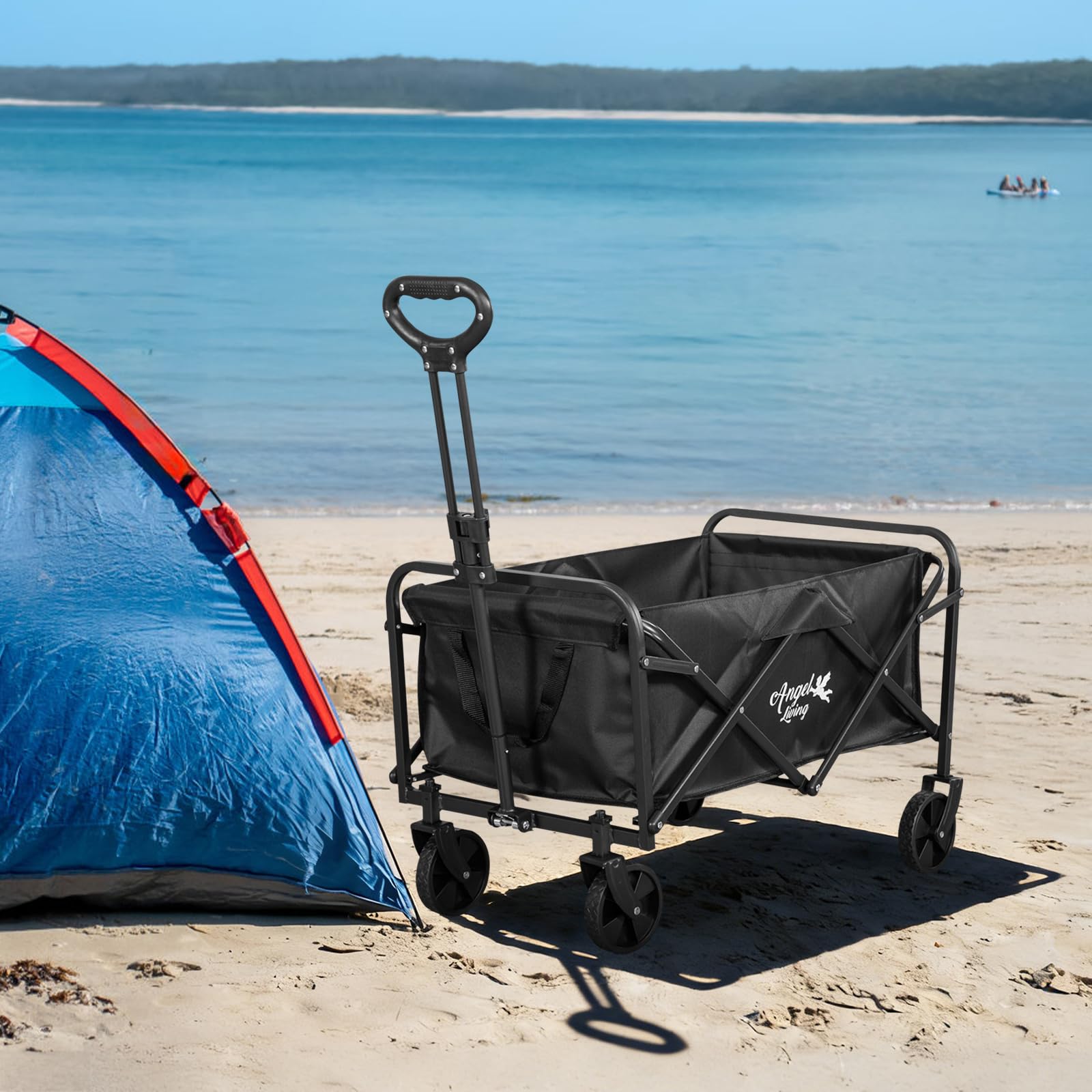 Angel Living Chariot de Transport Pliable, 200L Grande Capacité, 100kg Charge Statique, Chariot de Camping Tout Terrain avec Poignée Réglable, pour Jardin, Plage, Festival, Courses, Pique-Nique, Noir