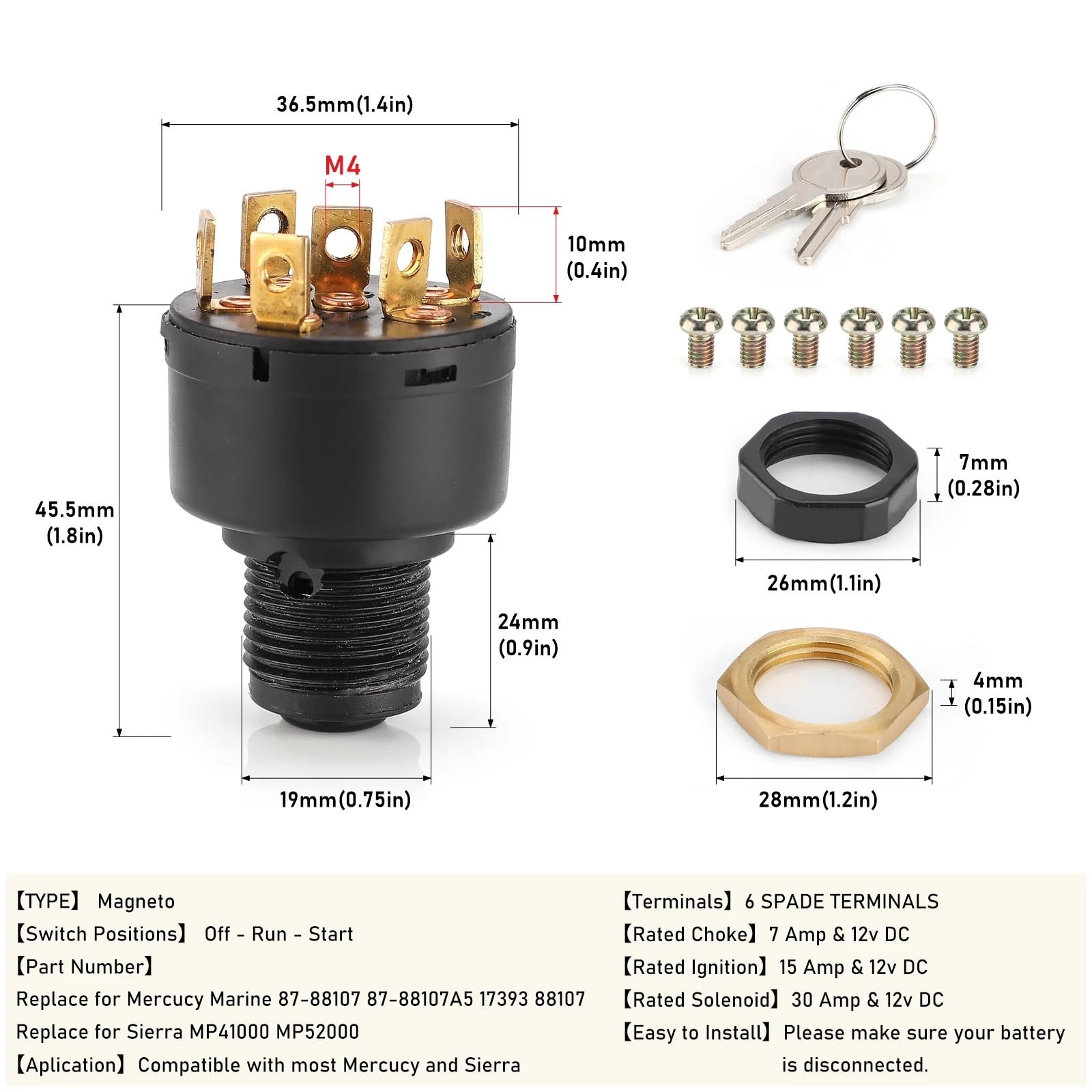Blocchetto di accensione Interruttore di avviamento a 3 vie da 12 V con 2 chiavi, adatto per motori fuoribordo Mariner e Mercury starter elettrico a pressione