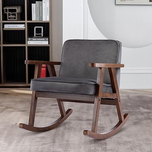 Mecedora de terciopelo moderno de mediados de siglo, cómoda silla tapizada con brazo deslizante con madera maciza para sala de estar, dormitorio,