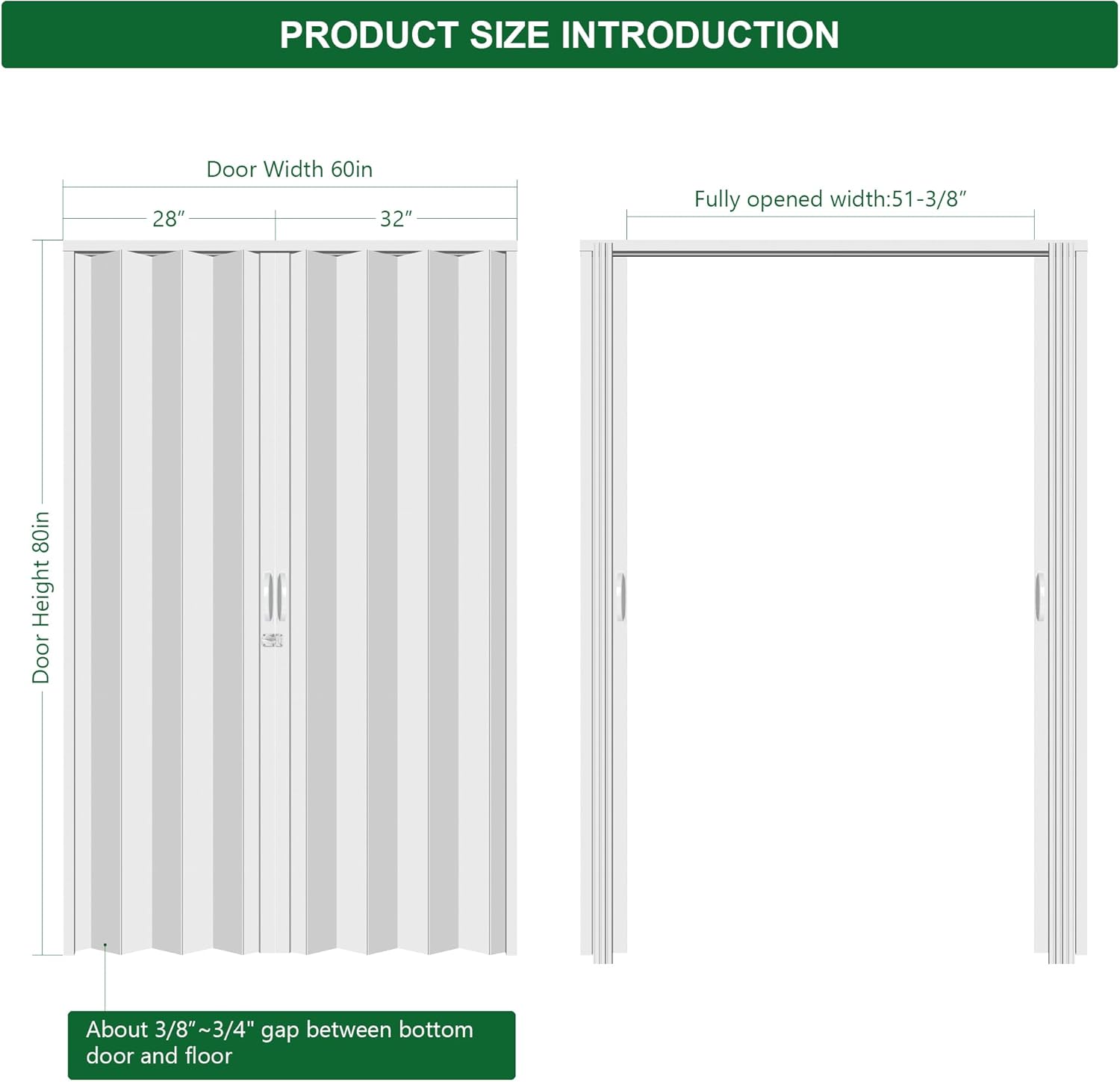 60×80in PVC Double Accordion Door Interior, Multifold Sliding Door for Closet, White in Color,with Installation Hardware; Handle;Latch.