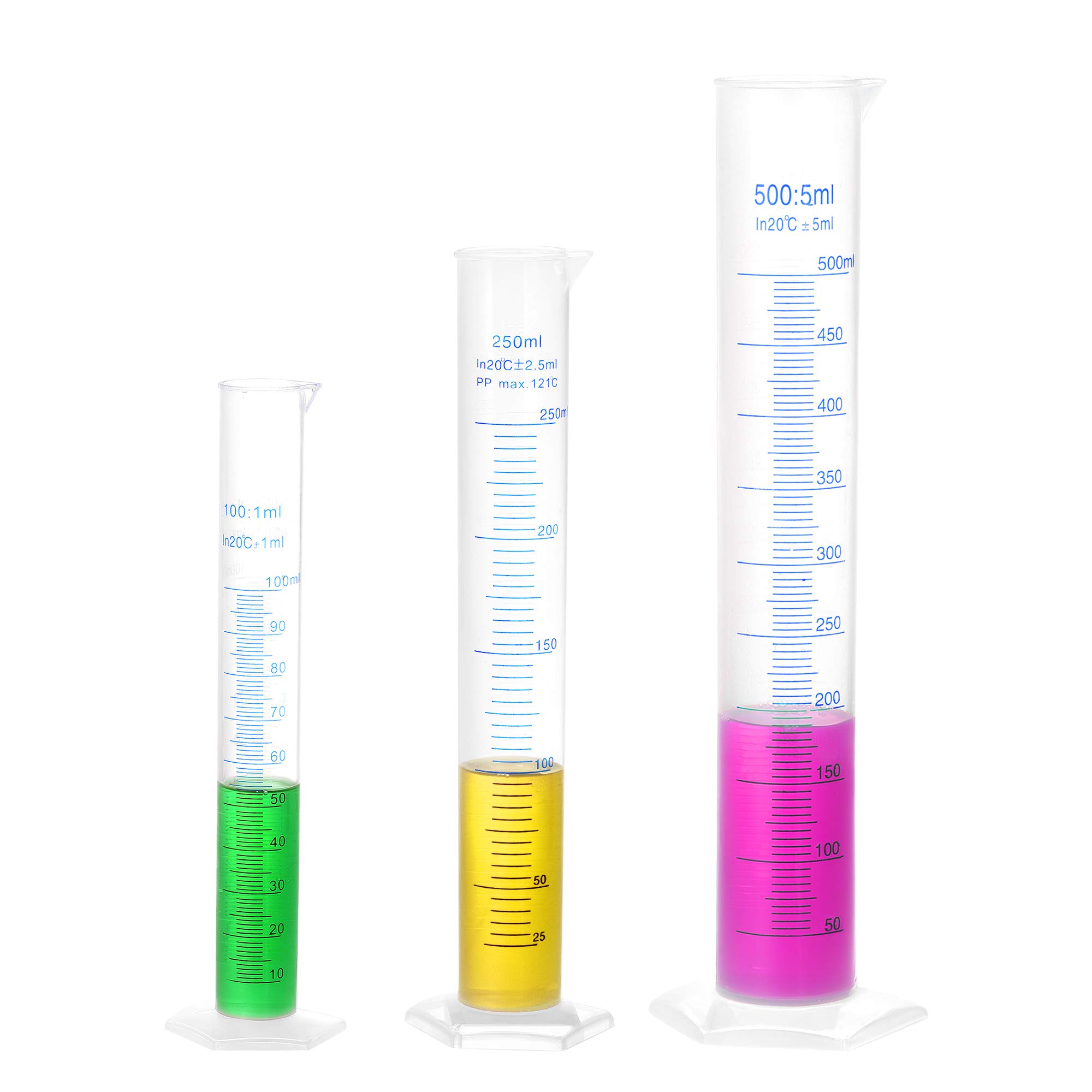 sourcing map Plástico Graduado Cilindro, 100ml 250ml 500ml Medición Cilindro, Doble Cara Métrico Marcado, Transparente Hexagonal Base, 3 En 1 Juego