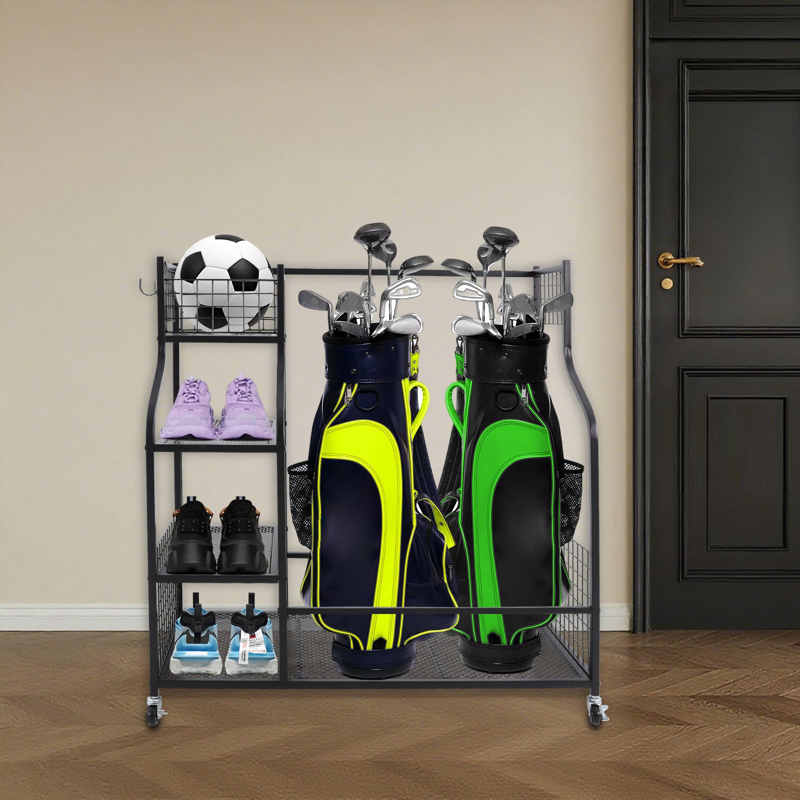 Golftaschen Organizer, Metall Golftaschenregal Golf-Aufbewahrungsregal mit 4 Rädern für Golftaschen und Golfzubehör