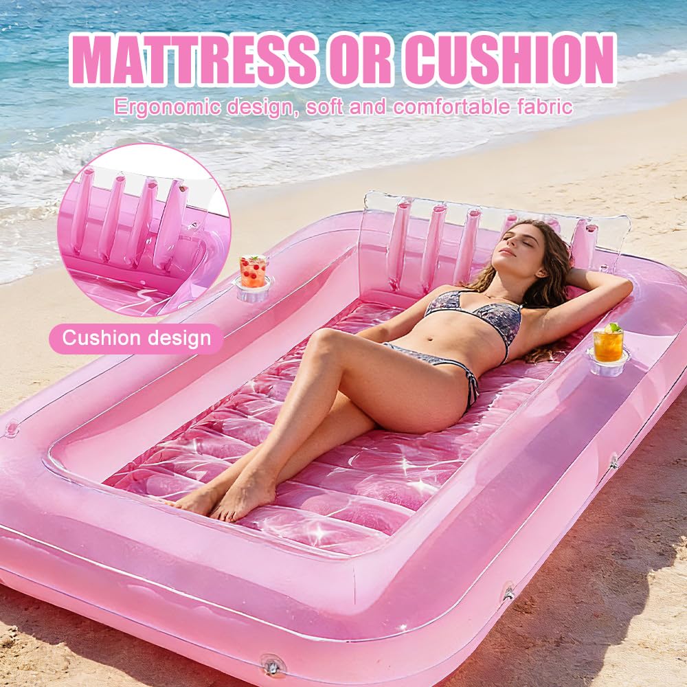 Matelas Gonflable Piscine, 178 x 116 cm Flotteur de Piscine Adulte pour Bain de Soleil, Piscine Bronzage pour Adultes avec Porte-gobelet et Appui-tête pour Fêtes de Plage, Rose