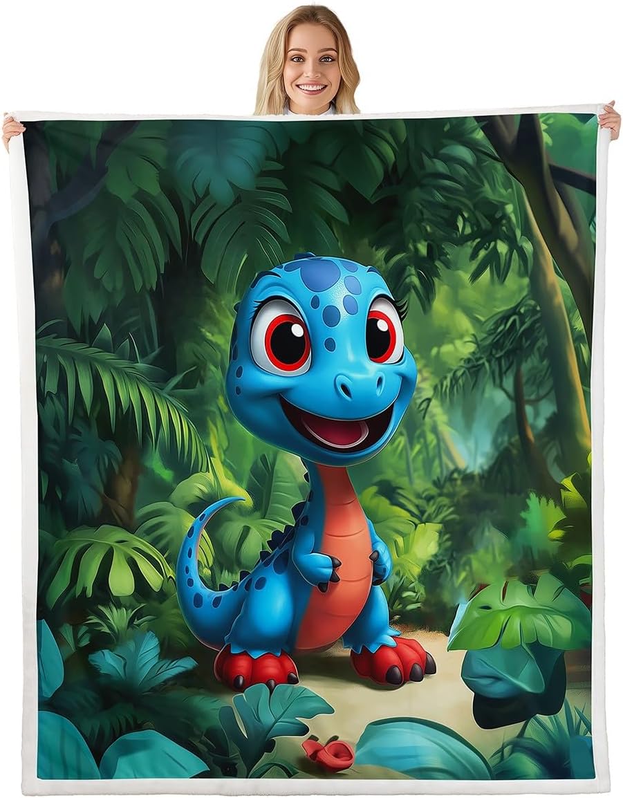 Cartoon Dinosaur Blanket Twin 60x80 Tropical Palm Leaves Blanket for Kids Teens Boys Girls Kawaii Dino Animal Sherpa Blanket Lightweight Cute Wildlife Blanket Living Room Decor