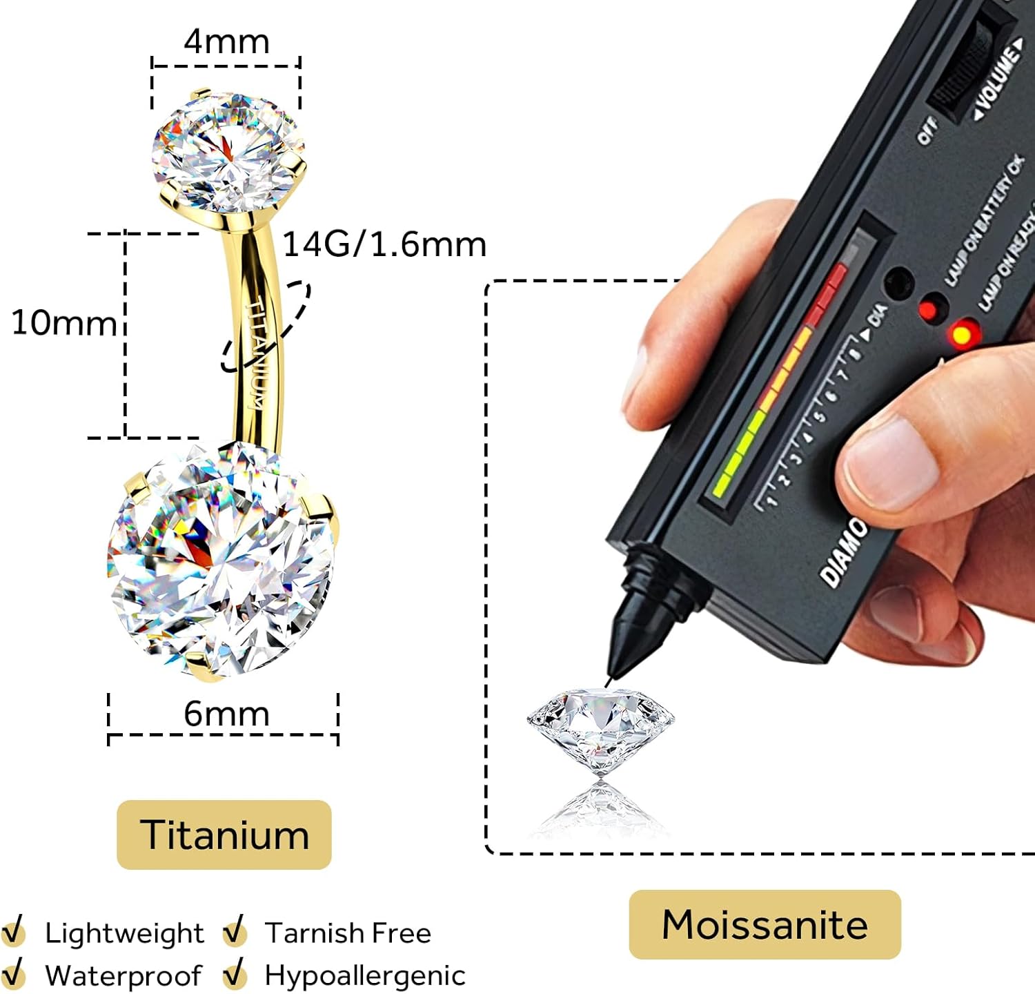 Moissanite Gold Belly Button Ring for Women 14G 10mm G23 Titanium Navel Piercing Jewelry Internally Threaded Belly Button Rings Piercing - Image 2