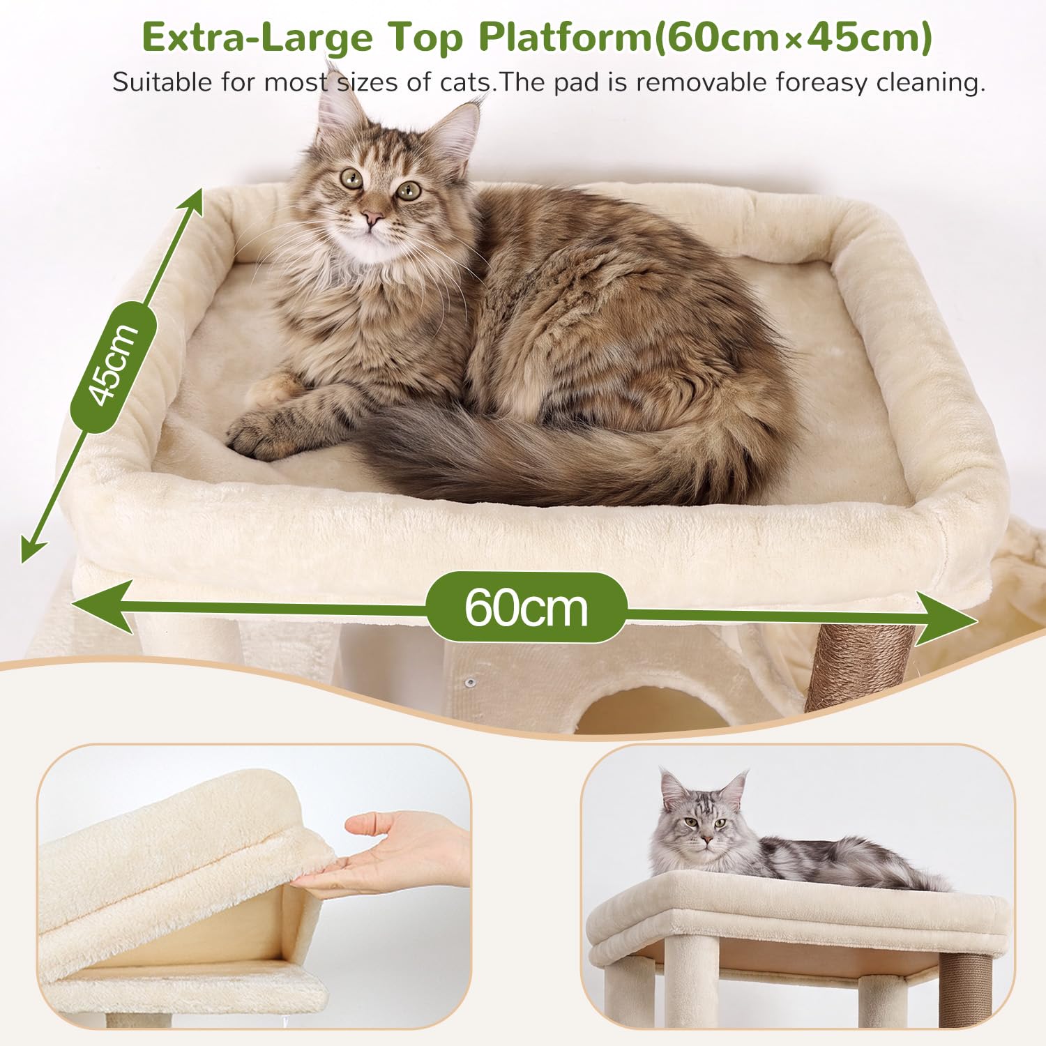 Globlazer Rascador beige XL de 177 cm de alto con 2 casas grandes para gatos, plataforma grande acolchada (60 x 44 cm), 3 cestas blandas, rampa para rascar sisal, estable para 2 – 4 gatos adultos