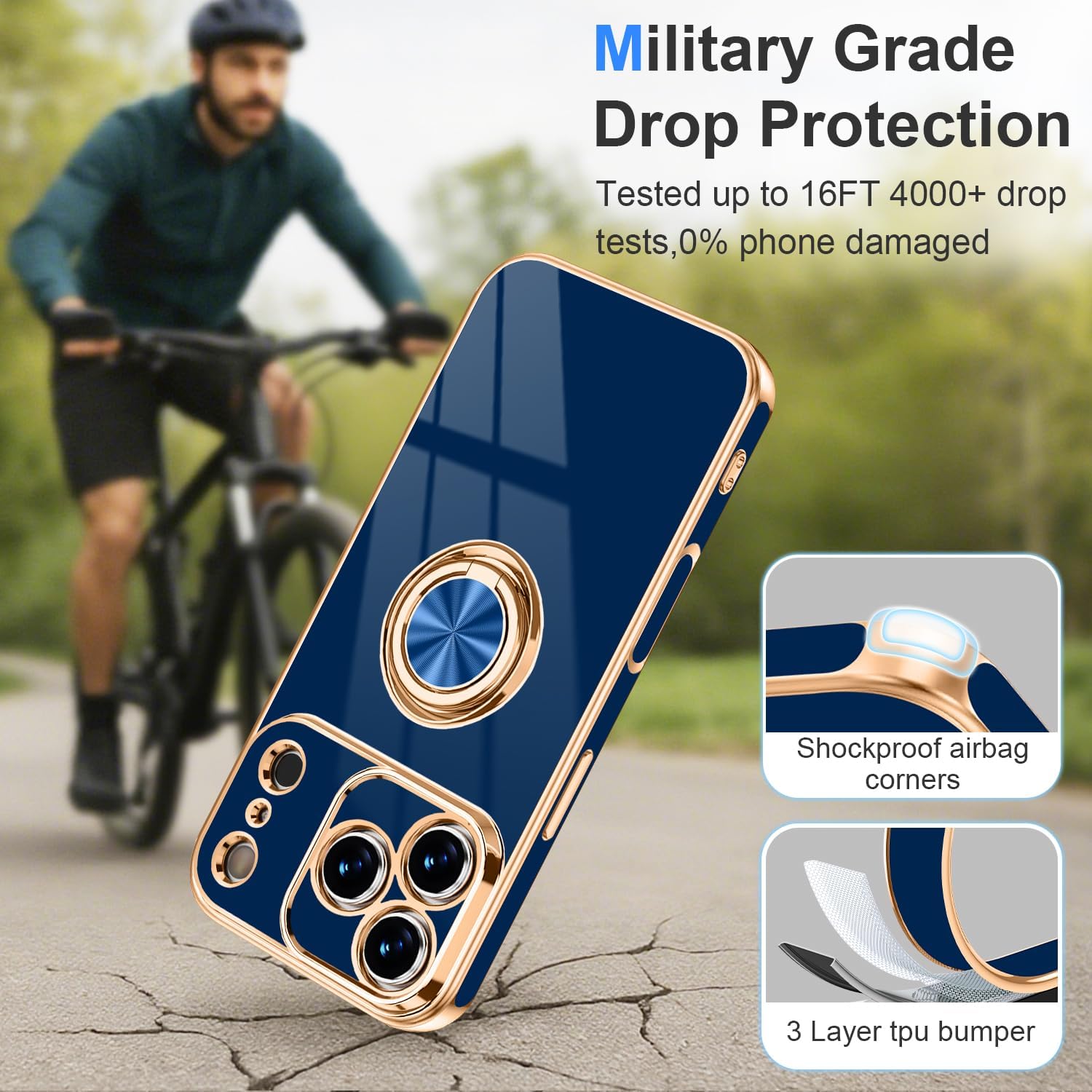 Tnarru Designed for iPhone 17 Pro Max Case with Ring Stand, 360° Rotatable Holder Support Magnetic Car Mount Soft TPU Plating with Full-Covered Lens Protection Phone Case for iPhone 17 Pro Max Blue - Image 5