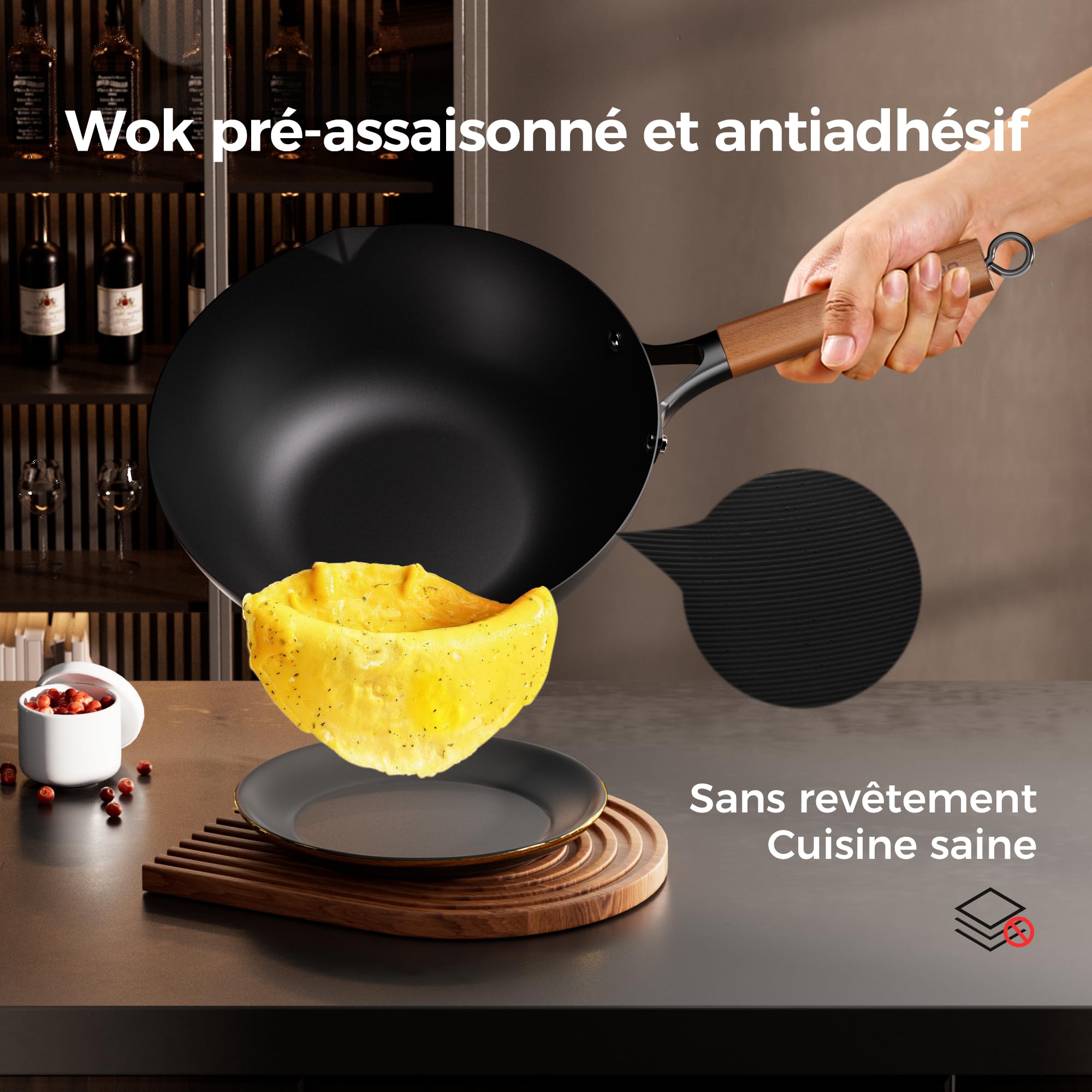 Sanho 32 cm Poêle Wok avec couvercle – Pas de culottage, 0 revêtement chimique, antiadhésif naturel, compatible tous feux (gaz, électrique, induction <800W) & ustensiles métal, 5QT