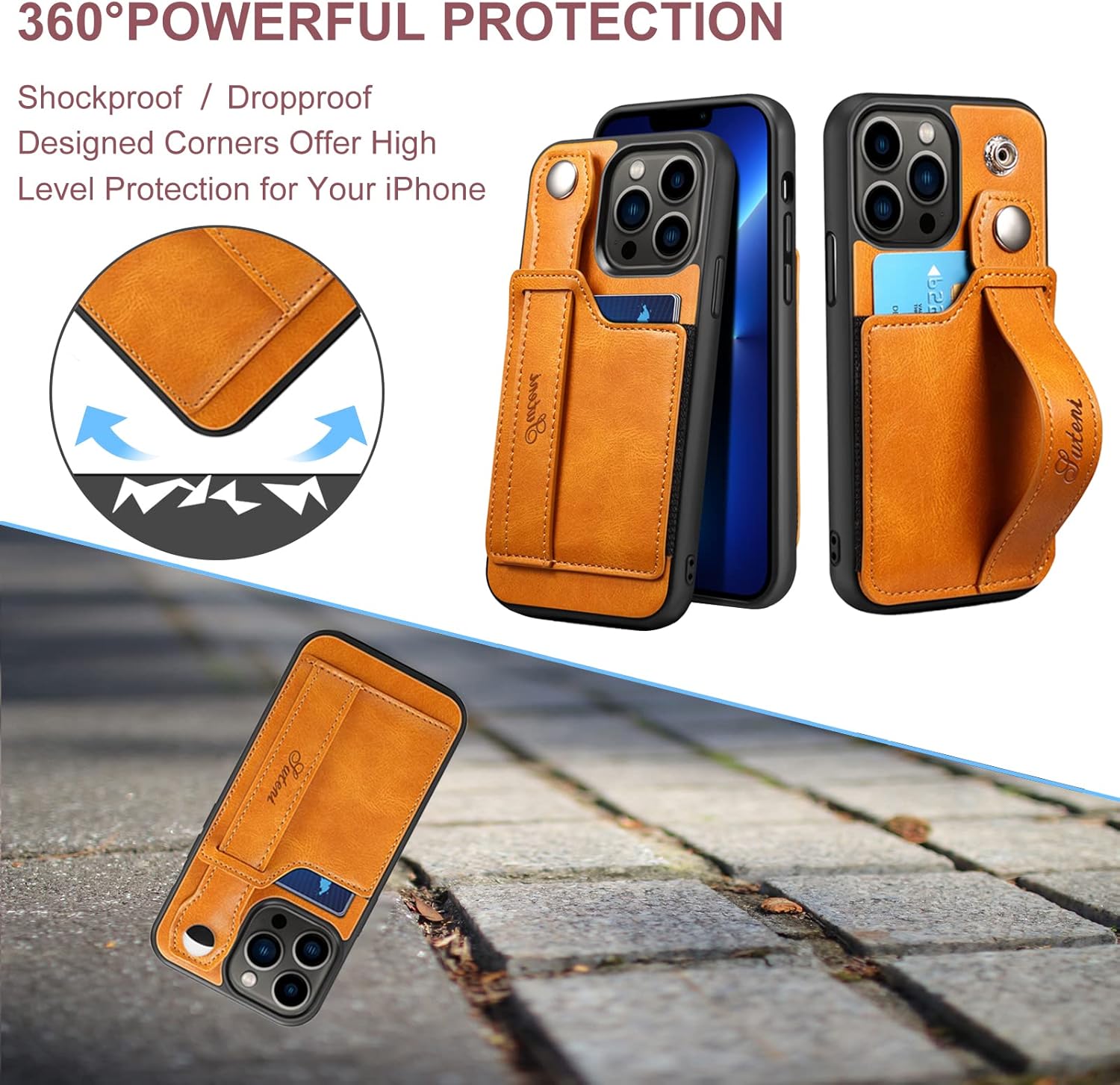 HXY for iPhone 13 Pro Max Case, PU Leather Wallet Case Back with Elastic Card Slot Magnetic Clasp Kickstand Hand Strap Protective Cover for iPhone 13 Pro Max 6.7 inch 2021 (Khaki) - Image 5