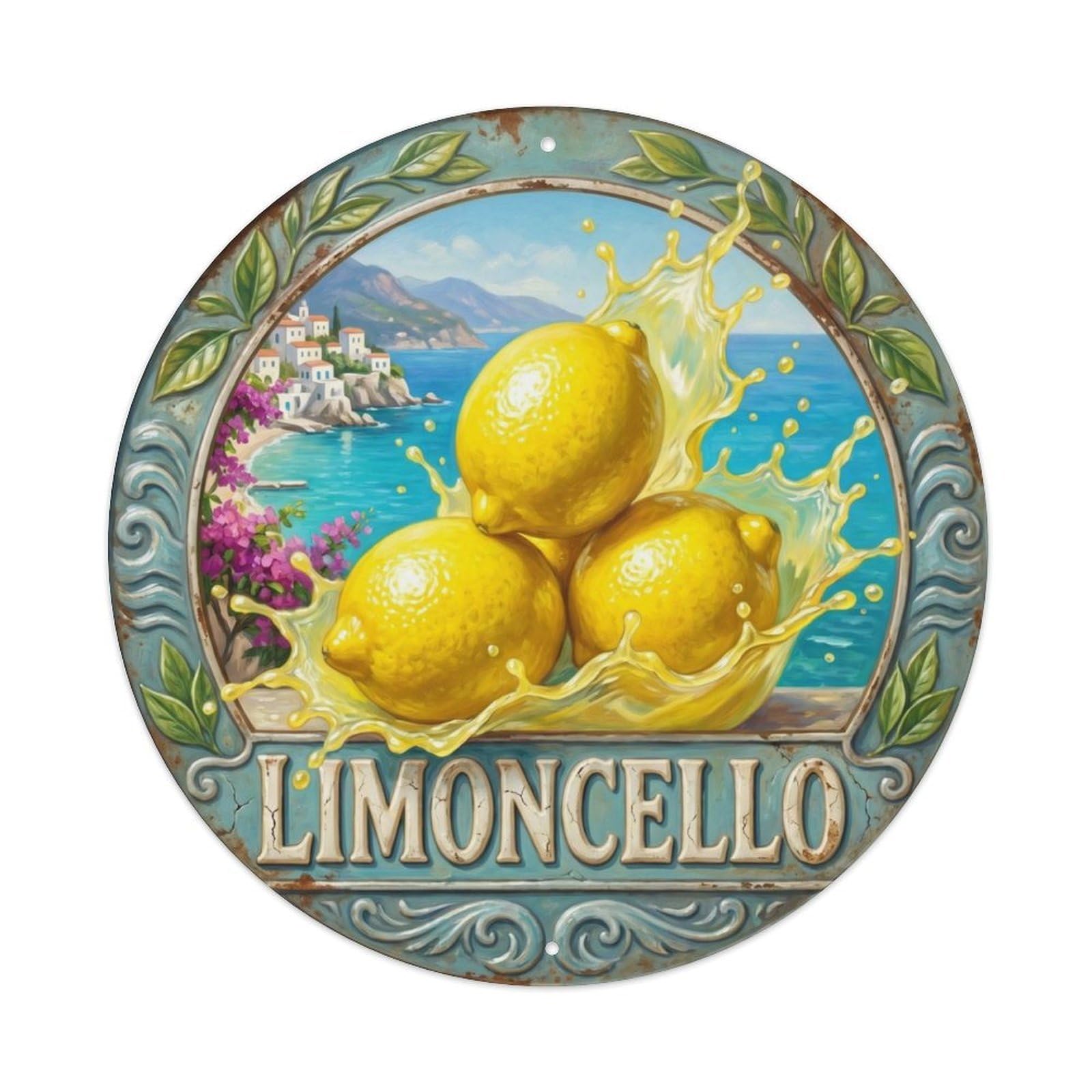 Fqcyn Style Fresh Limoncello Limoncello Splash Metal Tin Sign Plaque Wall Decor For Cafe, Club Bar, Office, Home Garden Round Metal Poster 8X8inch