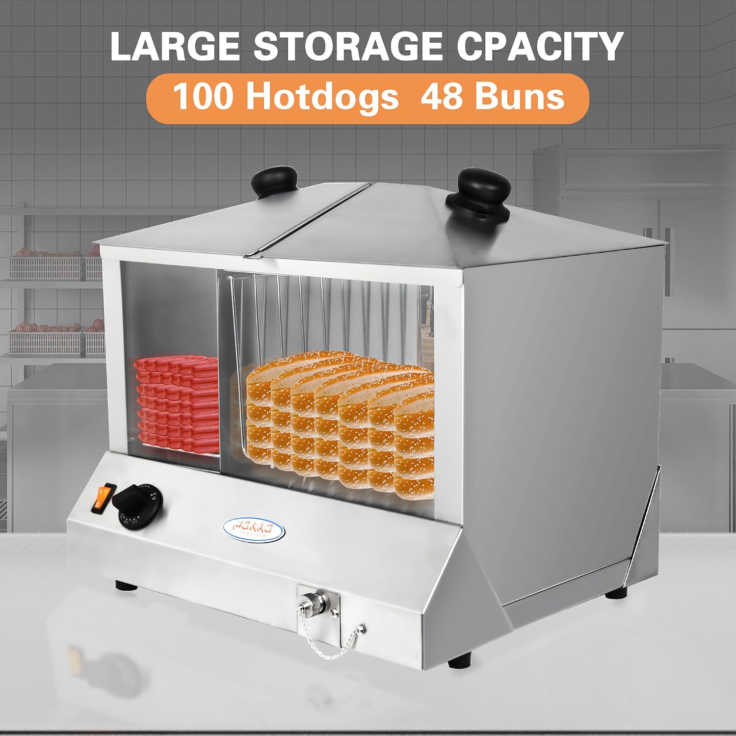 Hakka Hot Dog Steamer Commercial, Electric Hot Dog Steamer and Bun Warmer Holds 100 Hot Dogs and 48 Buns, Steam Heating, Convenient Slide Doors, Tempered Glass, 1300W