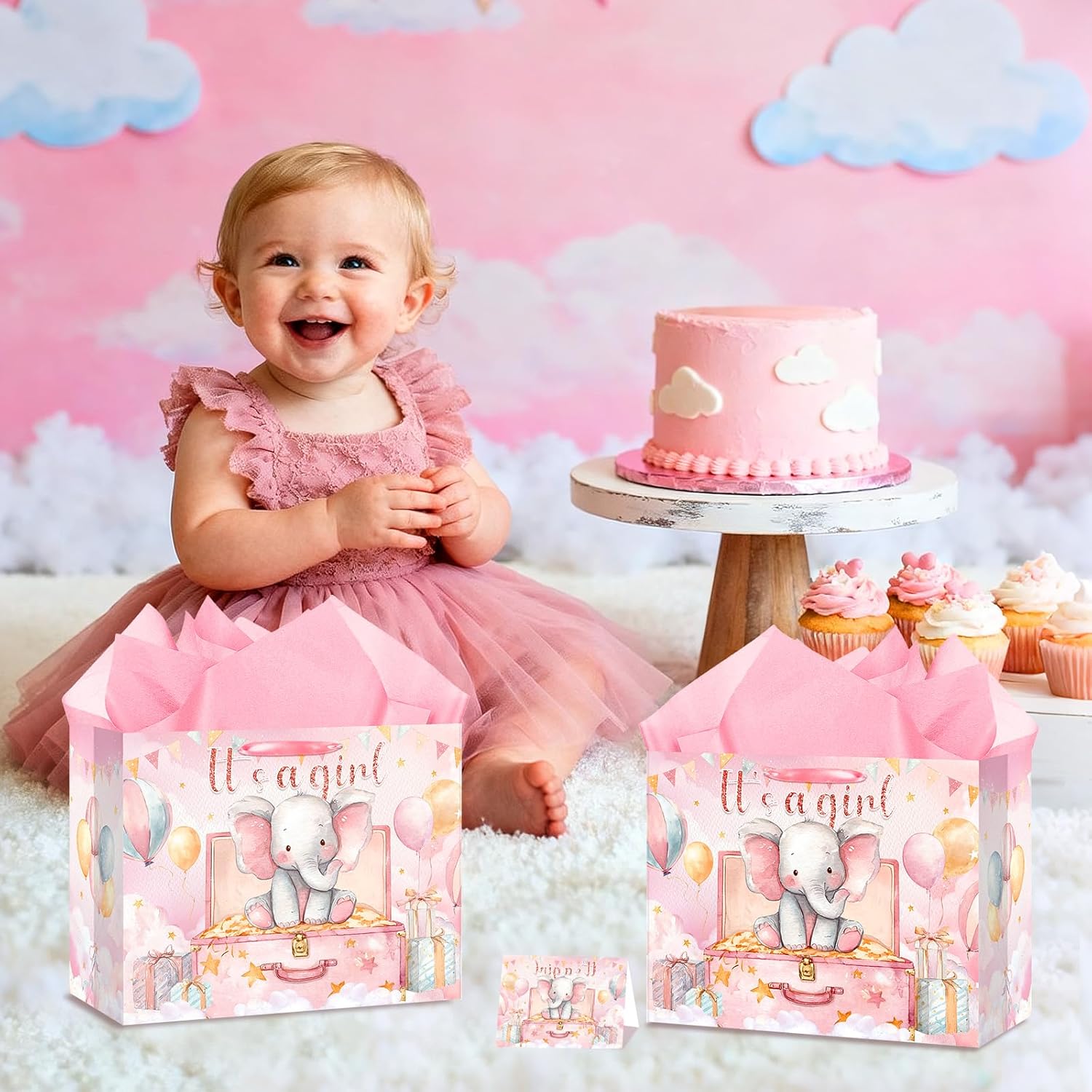 bigniuzi Pink Elephant Baby Girl Shower Gift Bag with Tissue Paper and Greeting Card Pink Baby Shower Wrapping Paper for Party Supplies - Image 5