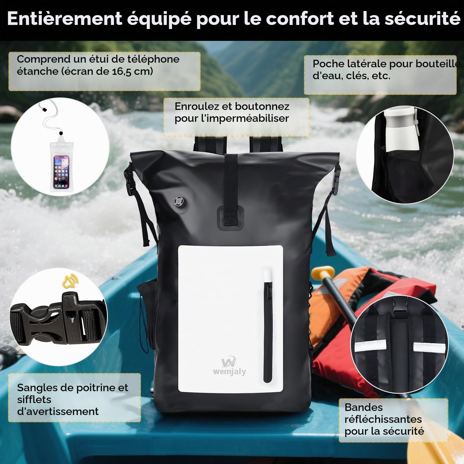 Sac à Dos Étanche 30L- Sac étanche avec Compartiment pour tablette & Étui étanche pour téléphone IPX8, pour Camping, Kayak, Pêche, Rafting, Canoë, et Natation