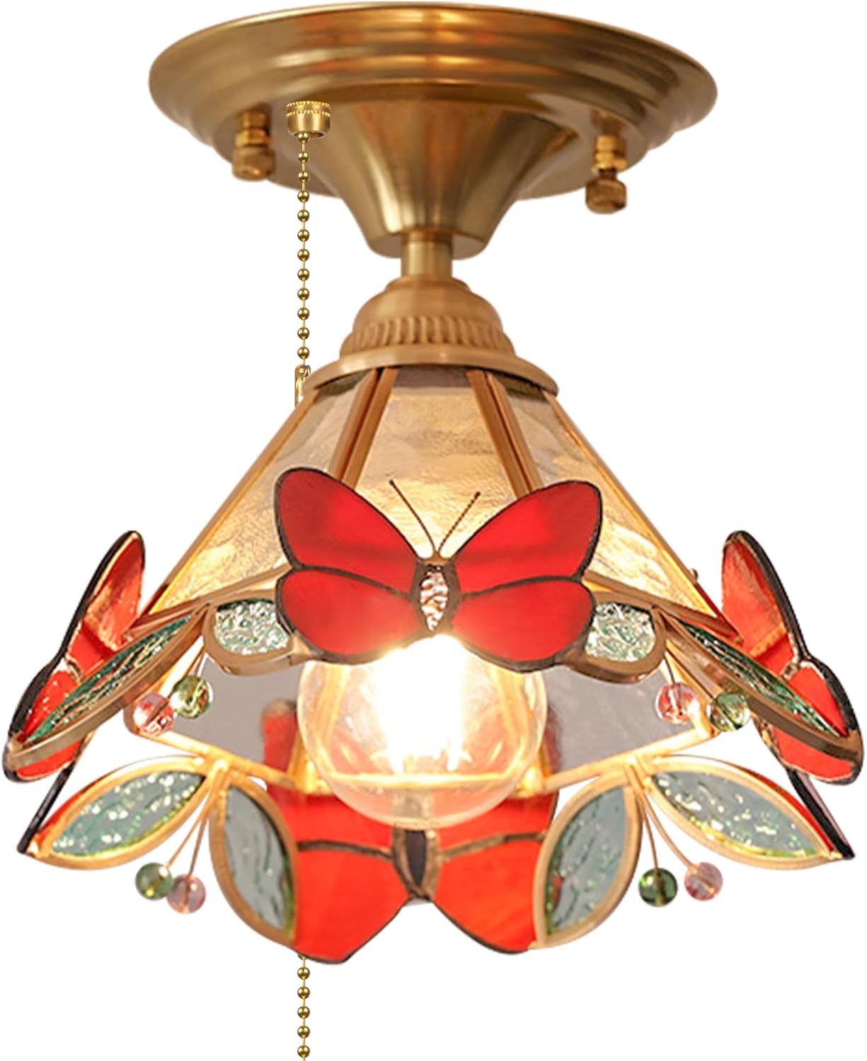 RV Butterflies Light with Zipper Switch 12V RV Decorative Ceiling Hallway Light Fixtures, E26 E27 Deepred Tiffany Stained Glass Semi Flush Mount Interior Lighting for RV Camper