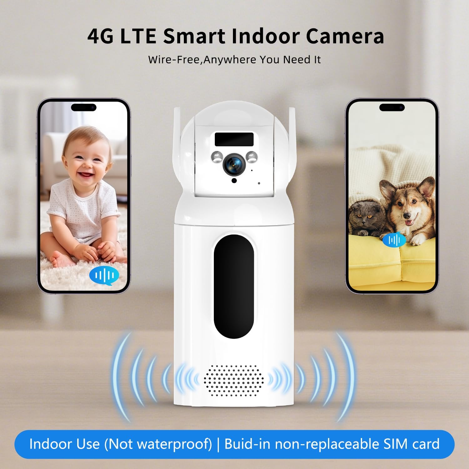 4G LTE Cellular Security Indoor Camer Wireless, Monthly Fee, Pet Camera with Speaker for Dog/Cat, Baby Monitor, Power Battery,HD 360°Full View Two-Way Talk,Indoor No WiFi Camera Home Security