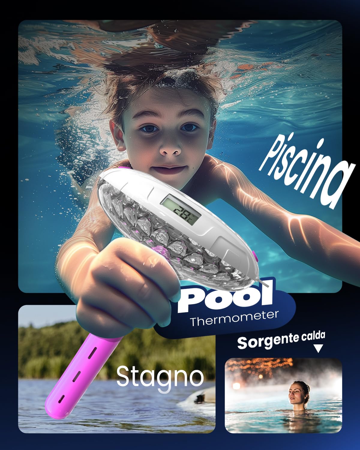 Solar Digital Pool Licht mit Dual LCD Bildschirmen, Leicht ablesbares Schwimmendes Poolthermometer mit 6 dynamischen Lichteffekten, IPX7 Wasserdicht Digital Thermometer (Marineblau)