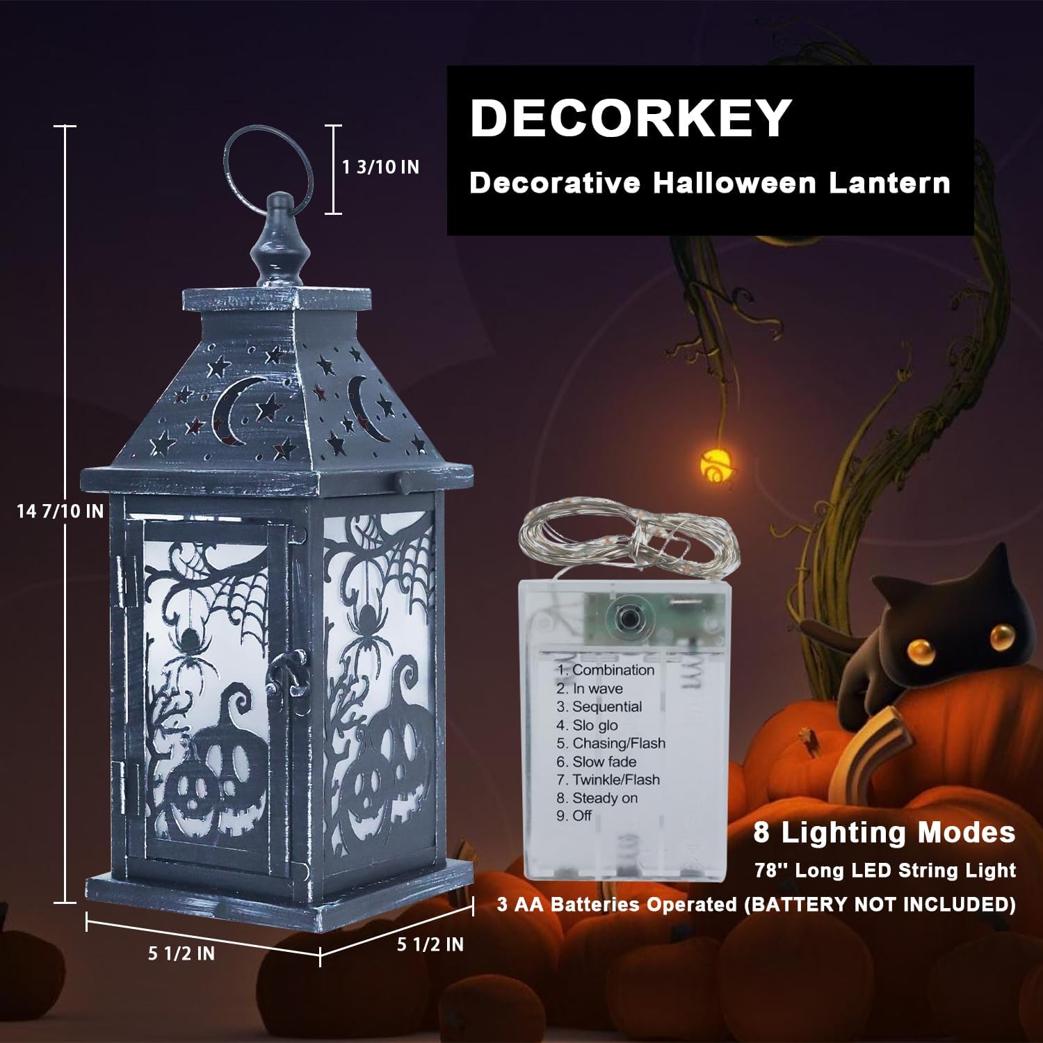 DECORKEY Halloween Decorations Indoor, 14.7" Decorative Spider&Pumpkin Candle Lantern with 78" LED Lights(8 Modes), Hanging Spooky Halloween Lanterns, Outdoor Home Room Door Party Decor
