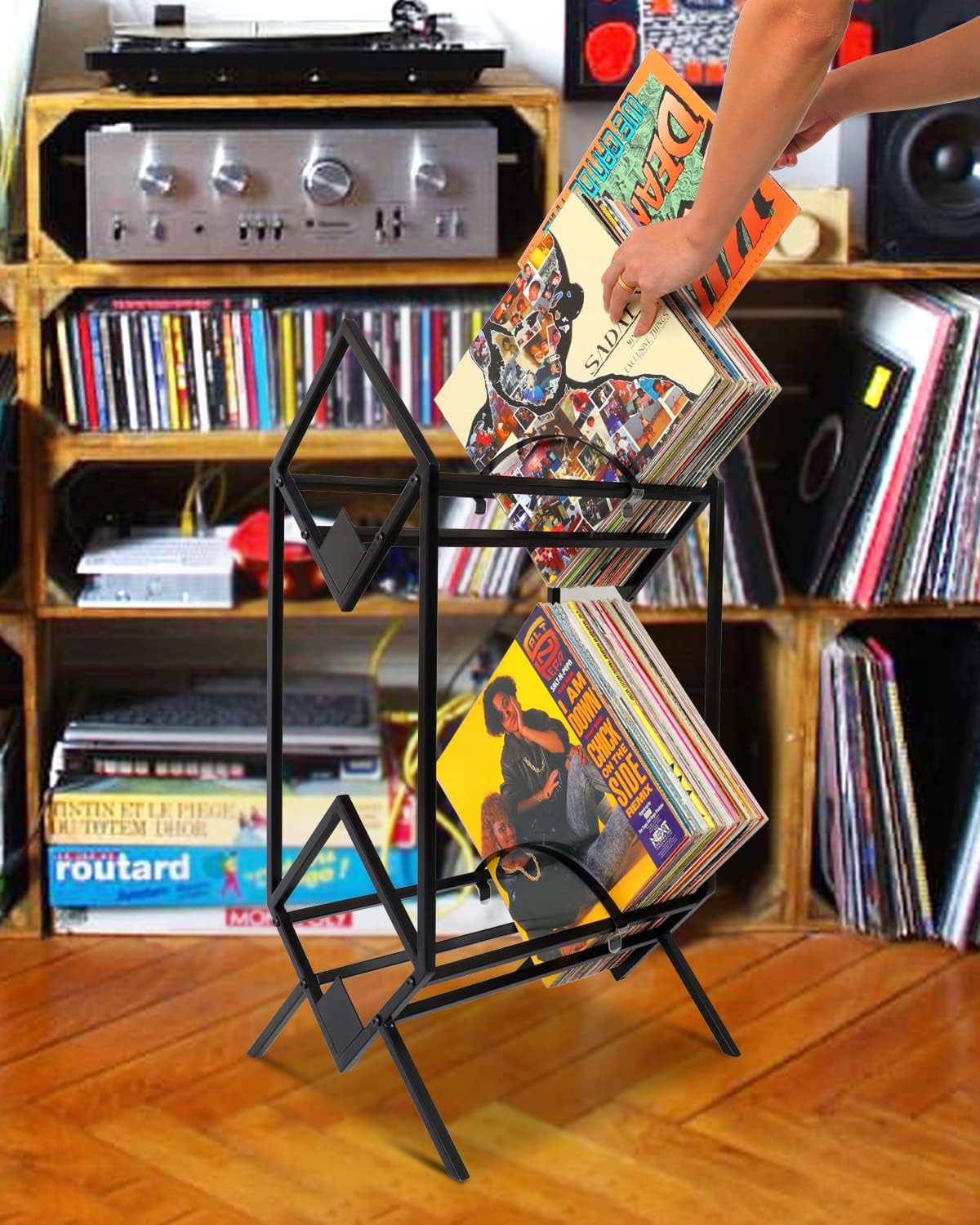 Vinyl Record Storage Rack, 2 Tier Vinyl Record Holder180-200LPs, Black Metal Display Stand with Dividers，Baffle Protection Organizer Shelves Organize Albums/Books/Magazines/Files