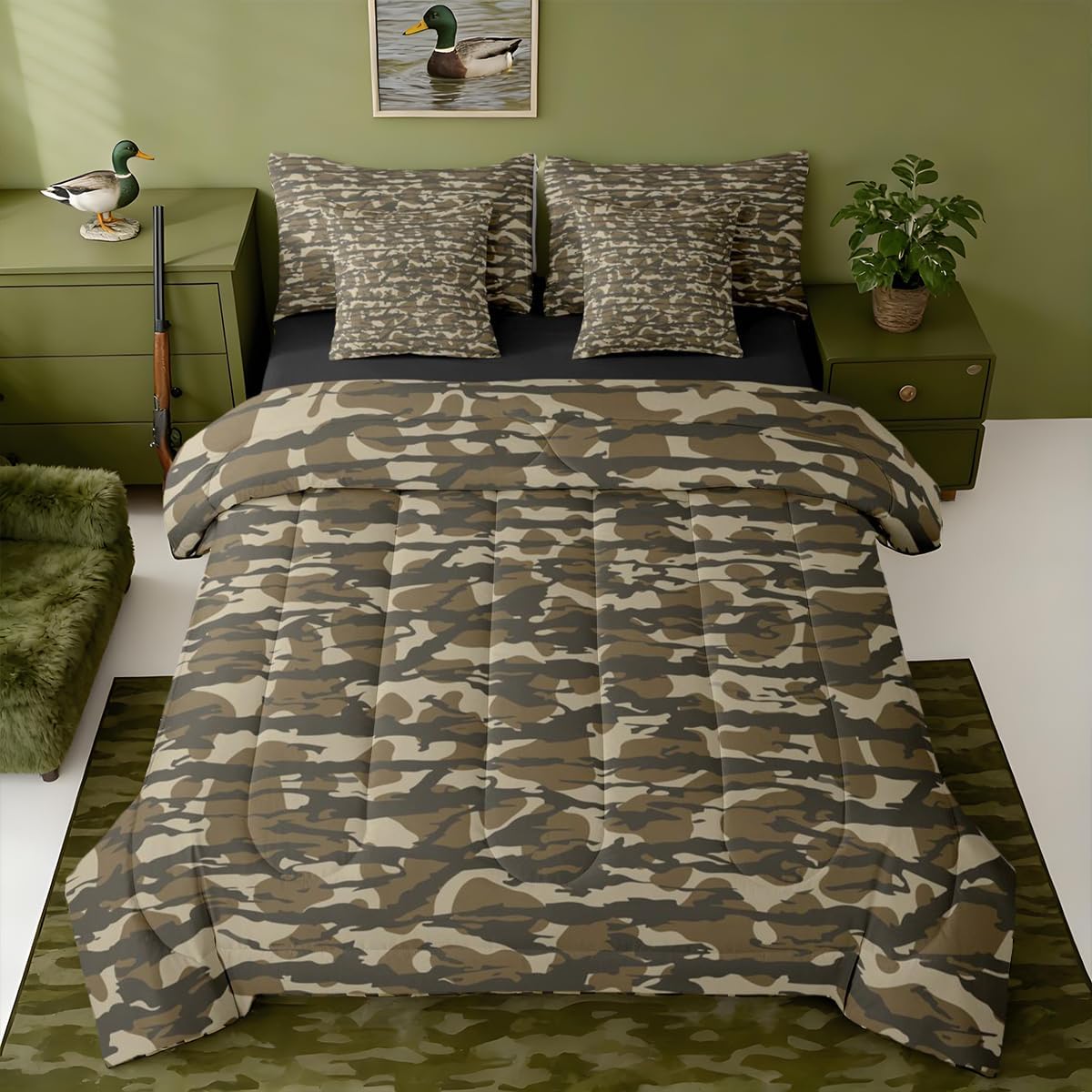 Camouflage 7 Piece Bedding Set, Twin Size Kids Camo Hunter Comforter Set with Sheets,Pillowcases & Cushion Cover for Boys Girls Teens Farmhouse Rustic Bed in a Bag Microfiber Wild Military Room Decor