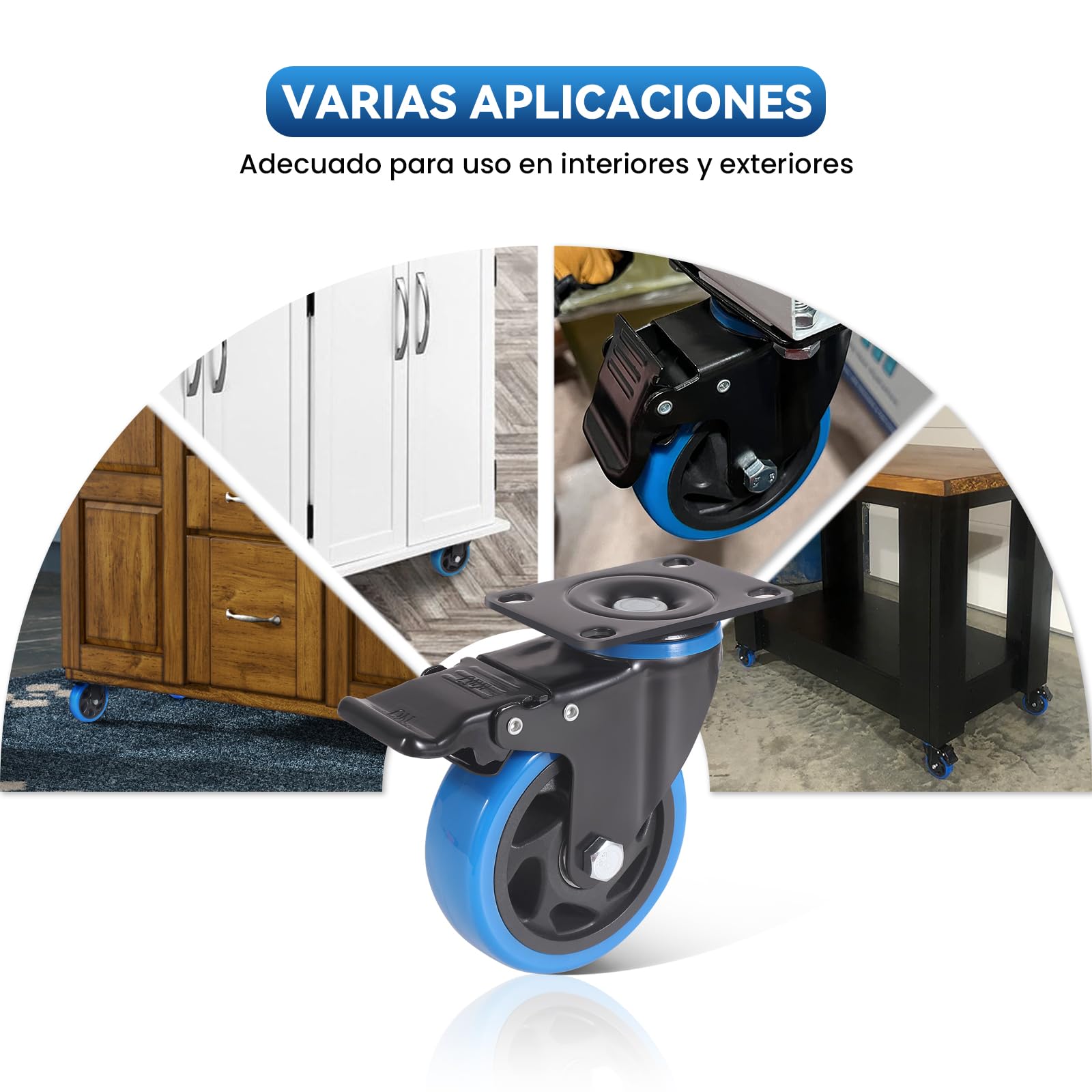 Ruedas para Muebles de 100mm Azul para Trabajo Pesado con Freno y Tornillos - Set de 4 Ruedas Pivotantes de Carga Pesada - Ruedas Industriales de Placa - Soportan hasta 600KG