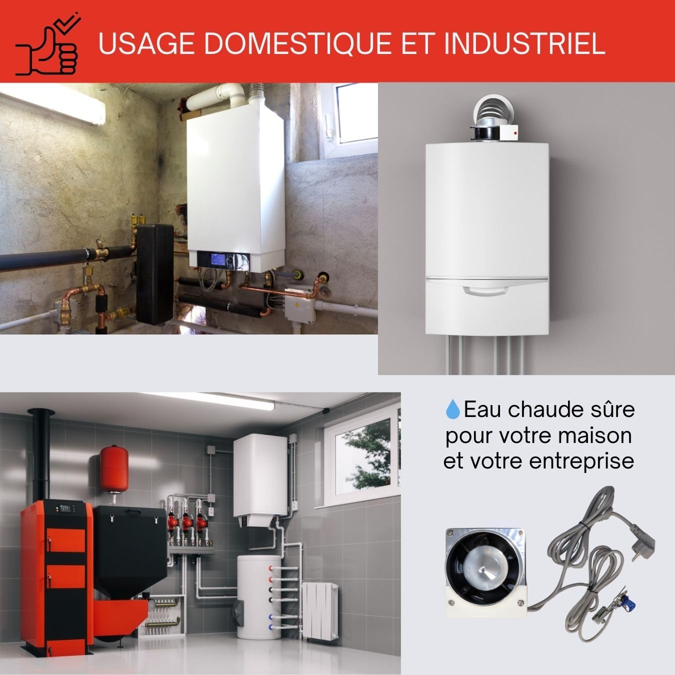 Kit d’Évacuation des Fumées pour Chaudières et Chauffe-Eau à Gaz ACS | Extracteur de Fumées à Tirage Forcé avec Déflecteur et Capteur de Sécurité | 19W 220V