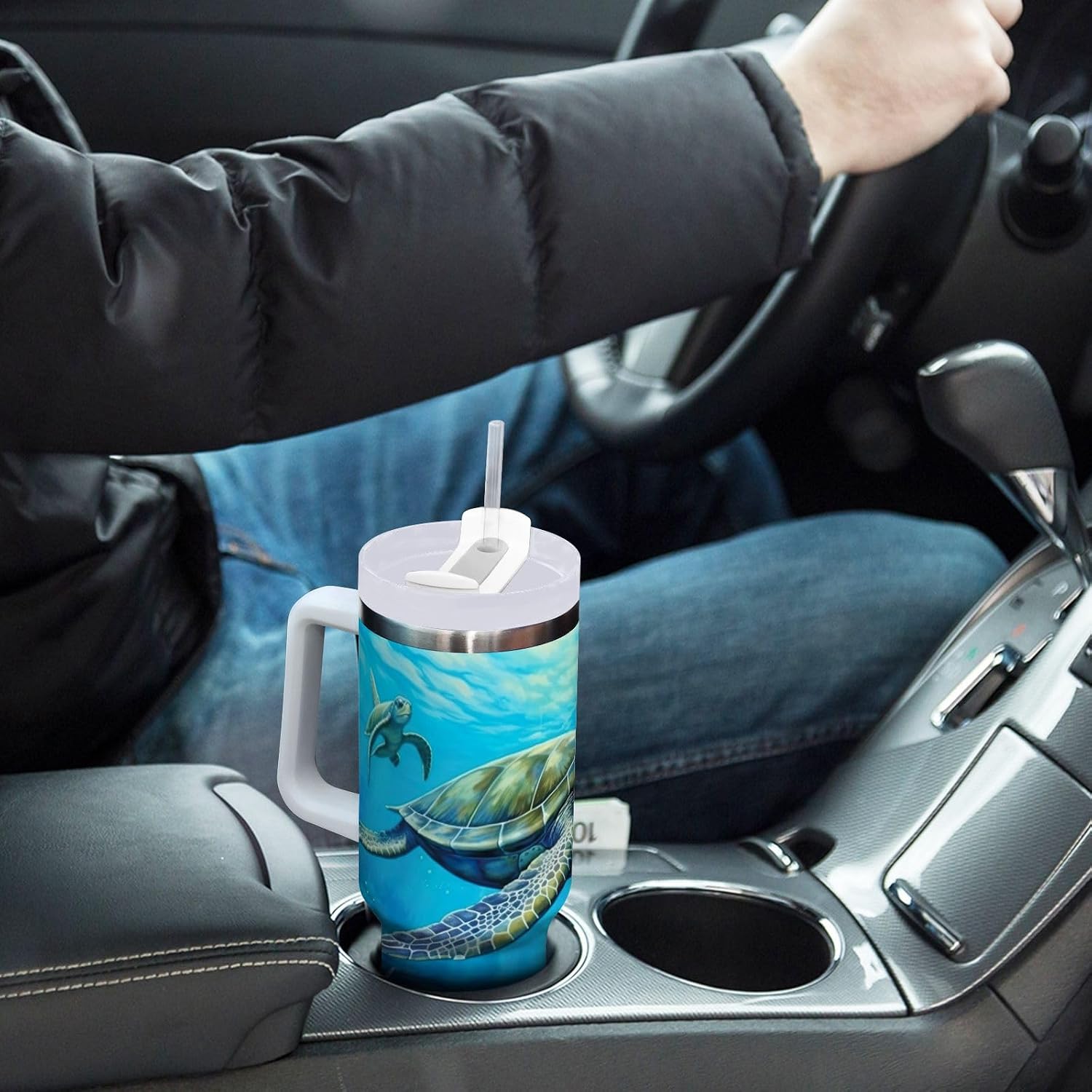 40oz Tumbler with Handle and Straw Lid, Underwater Sea Turtle Insulated Coffee Mug Stainless Steel Water Bottle Leakproof Vacuum Travel Coffee Cup