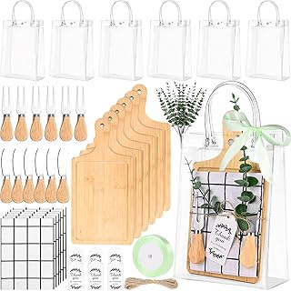 6 Sets Baby Shower Prizes for Game Winners 44 Pcs Bamboo Cheese Board Knife Fork Tablecloth Artificial Eucalyptus Stems with Cards and Gift Bags for Guests Baby Shower Bridal Birthday Party(Square)