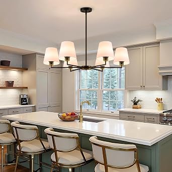 Oil-Rubbed Bronze Chandeliers for Dining Room, 36 6 Light No Assembly Required Antique Modern Chandelier Light Fixture with White Fabric Shade, Classic Kitchen Pendant Lights over Table for Bedroom