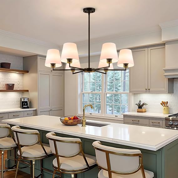 Oil-Rubbed Bronze Chandeliers for Dining Room, 36 6 Light No Assembly Required Antique Modern Chandelier Light Fixture with White Fabric Shade, Classic Kitchen Pendant Lights over Table for Bedroom