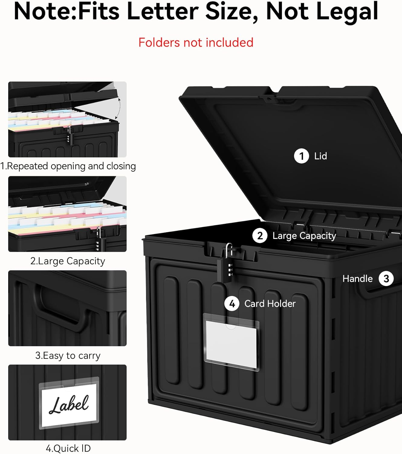 Oterri Plastic File Box with Lid for Letter Size Hanging File Folders, Hanging File Folder Box for Home, Office, School, File Cabinet, Assembly File Organizer, Black，Large-1 Pack Without Folders