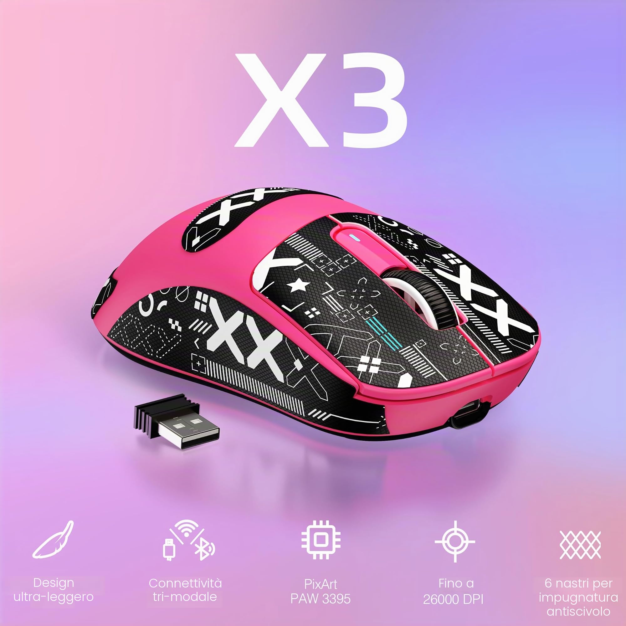 VGN GAMEPOWER ATTACK SHARK X3 SUPERLIGHT Mouse Gaming Wireless, 49g Ultraleggero Mouse da Gioco, PixArt PAW3395, 26000DPI, 2.4G/Bluetooth/Cablato, Mouse Grip Tape, Durata Batteria 200Hrs, Bacca Rossa