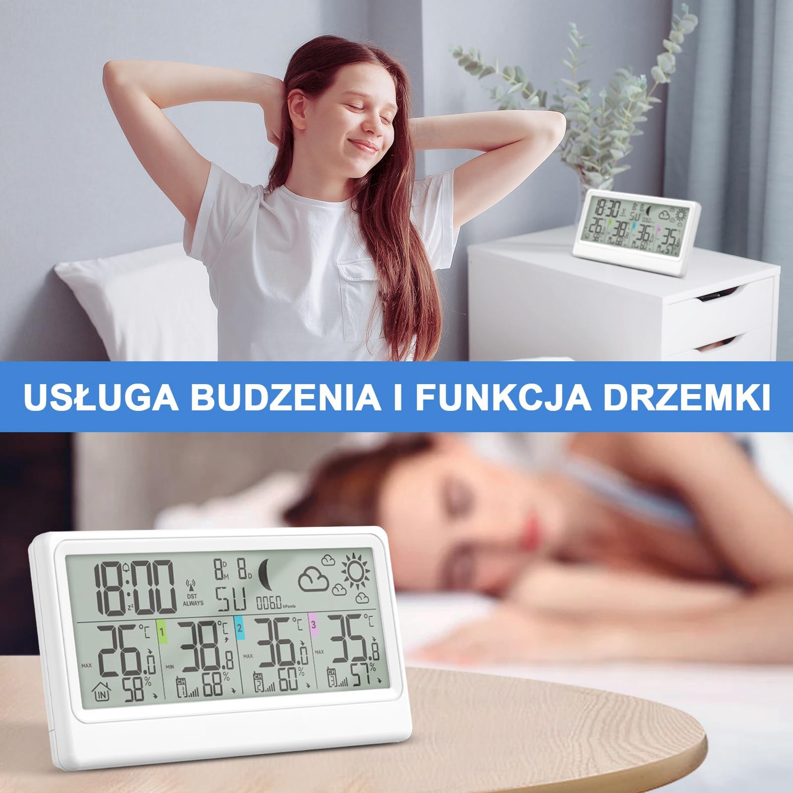 Bezprzewodowa stacja pogodowa z 3 czujnikami zewnętrznymi, 8,5-calowy wyświetlacz LCD z termometrem, higrometrem, barometrem, prognozą pogody, fazami księżyca, budzikiem, funkcją drzemki i RCC