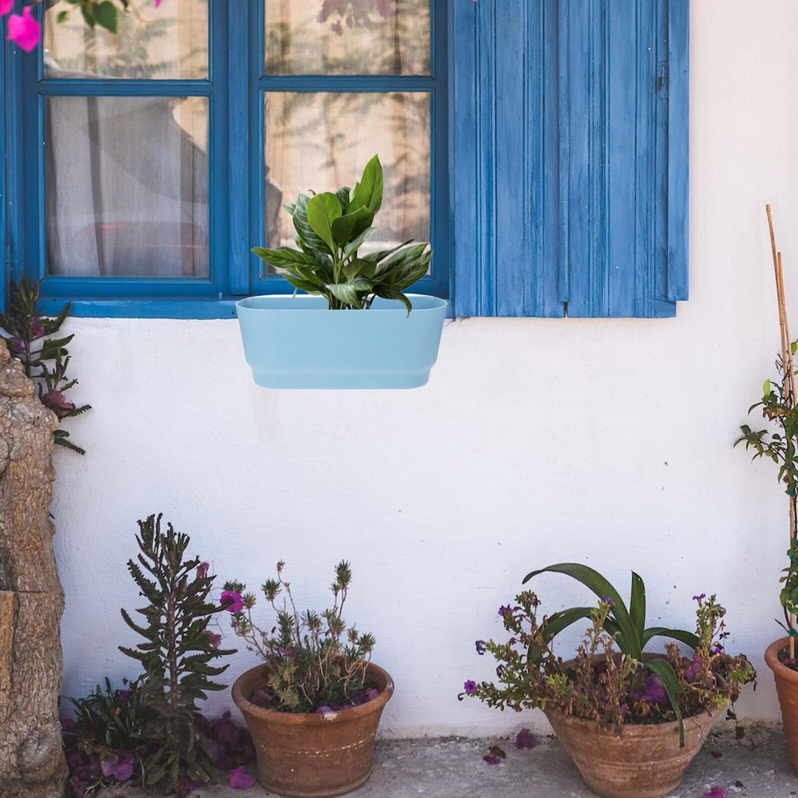 NUOBESTY Pot Suspendu pour Plantes Succulentes Grand Format Bleu, Jardinière Carrée Réserve D’Eau pour Balcon, Rambarde ou Clôture, Pot de Fleurs de Balcon Solide en Plastique