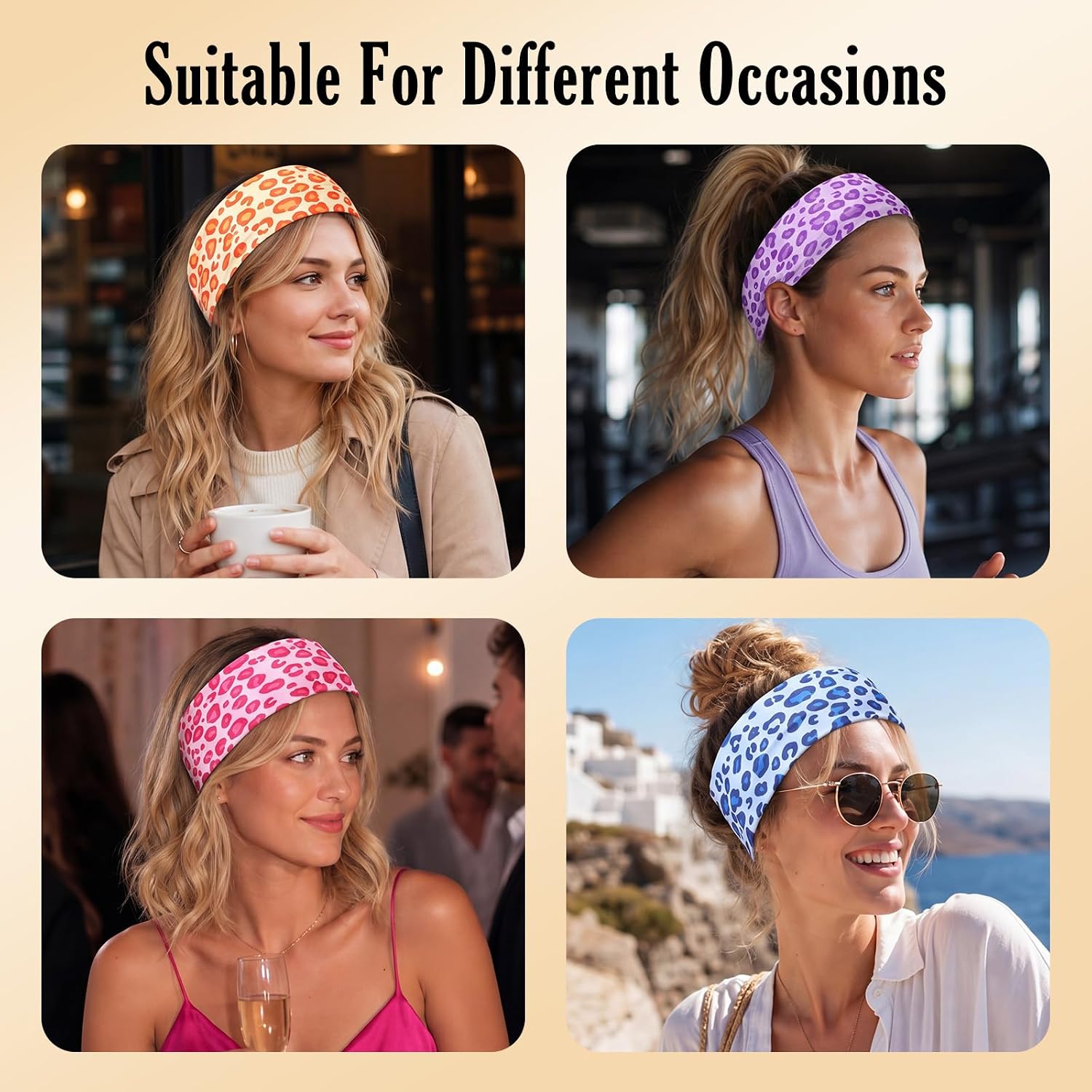 4pcs Halloween Cheetah Headbands for Women Trendy Wide Leopard Costume Accessories Colorful Cheetah Head Bands Non Slip Wraps Stretchy Bandanas Workout Fashion Hair for 2000s Outfits Cosplay