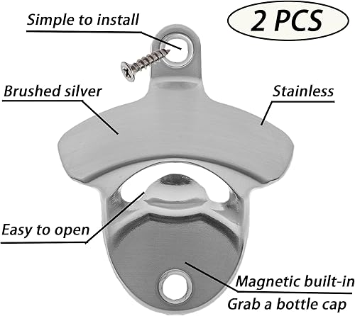 Miniatura 2 de Luwanburg Abrebotellas de cerveza magnético inoxidable montado en la pared con imanes incrustados (paquete de 2)