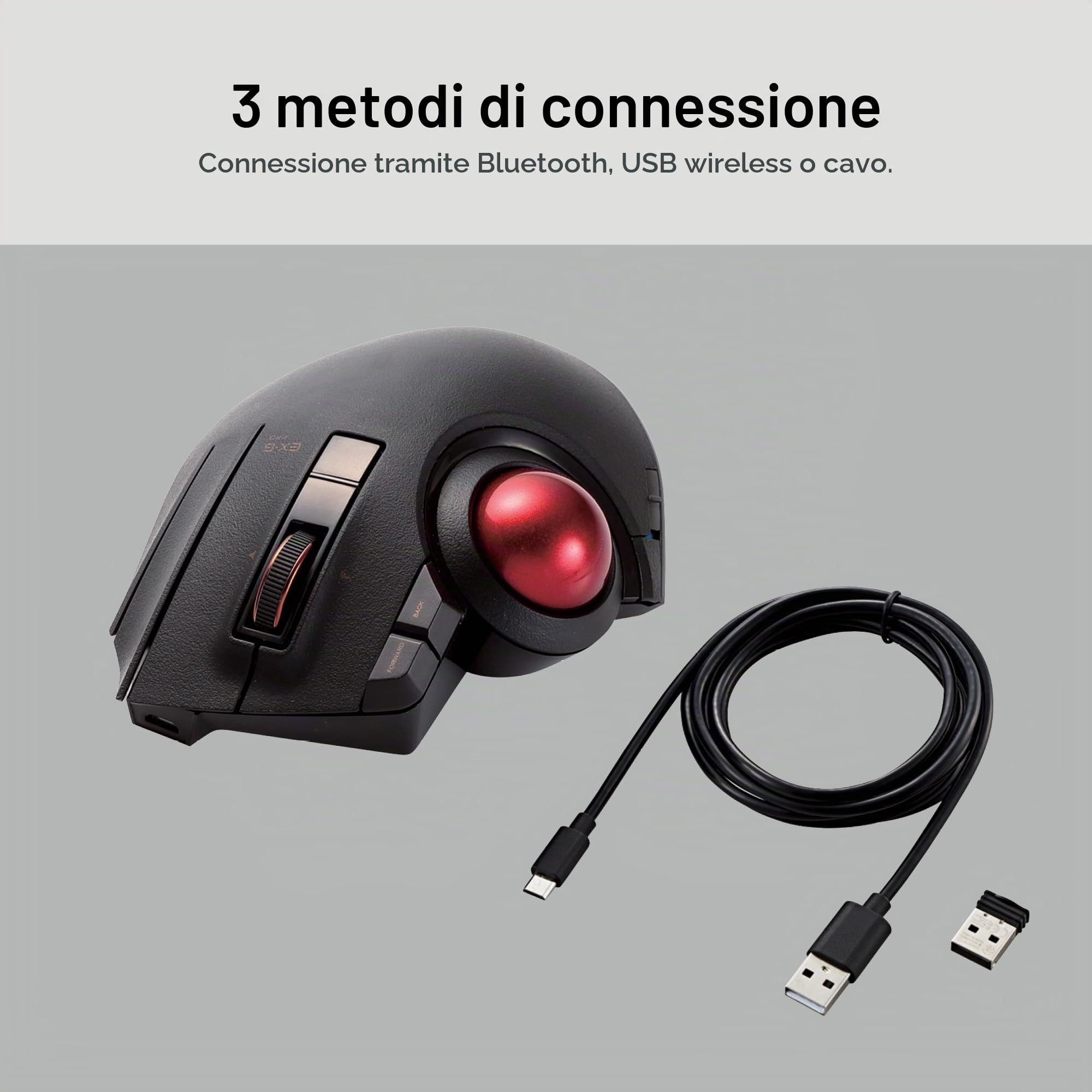 ELECOM M-XPT1MRXBK - Mouse wireless Bluetooth trackball con 8 tasti con tracciamento fluido, sensore ottico di precisione (M-XPT1MRXBK)