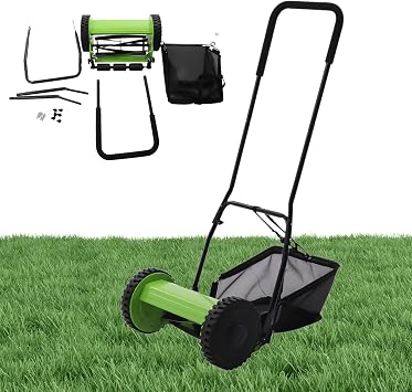 12 Inch Manual Lawn Mower, 5 Blade Push Reel Lawn Mower with Detachable Grass Catcher, 9-Position Adjustable Cutting Height Self-Propelled Lawn Mower, 4 Wheels, Green, Black