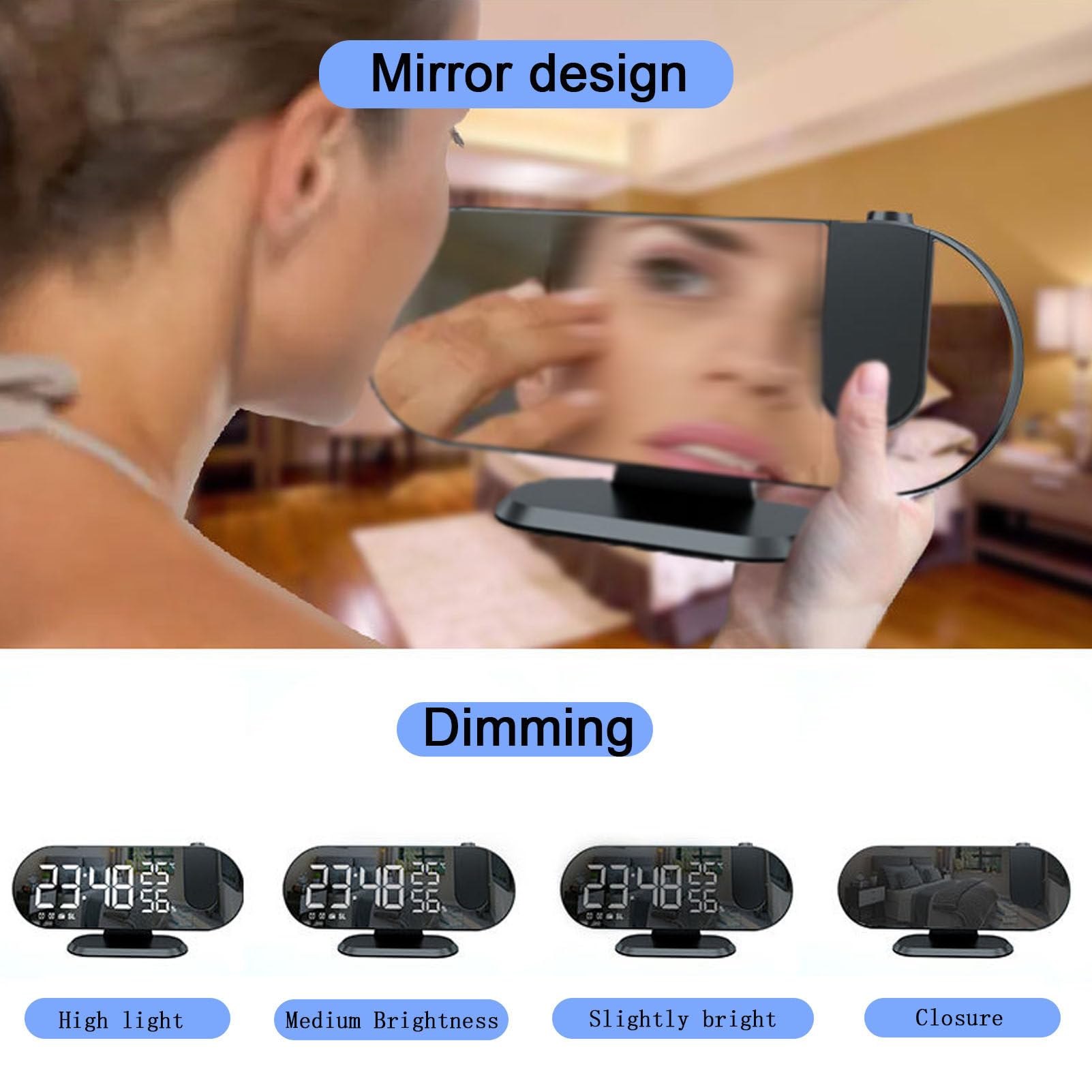Reloj despertador de proyección con radio FM, reloj digital con puerto de carga USB, función de repetición, pantalla LED de espejo, brillo ajustable para dormitorios