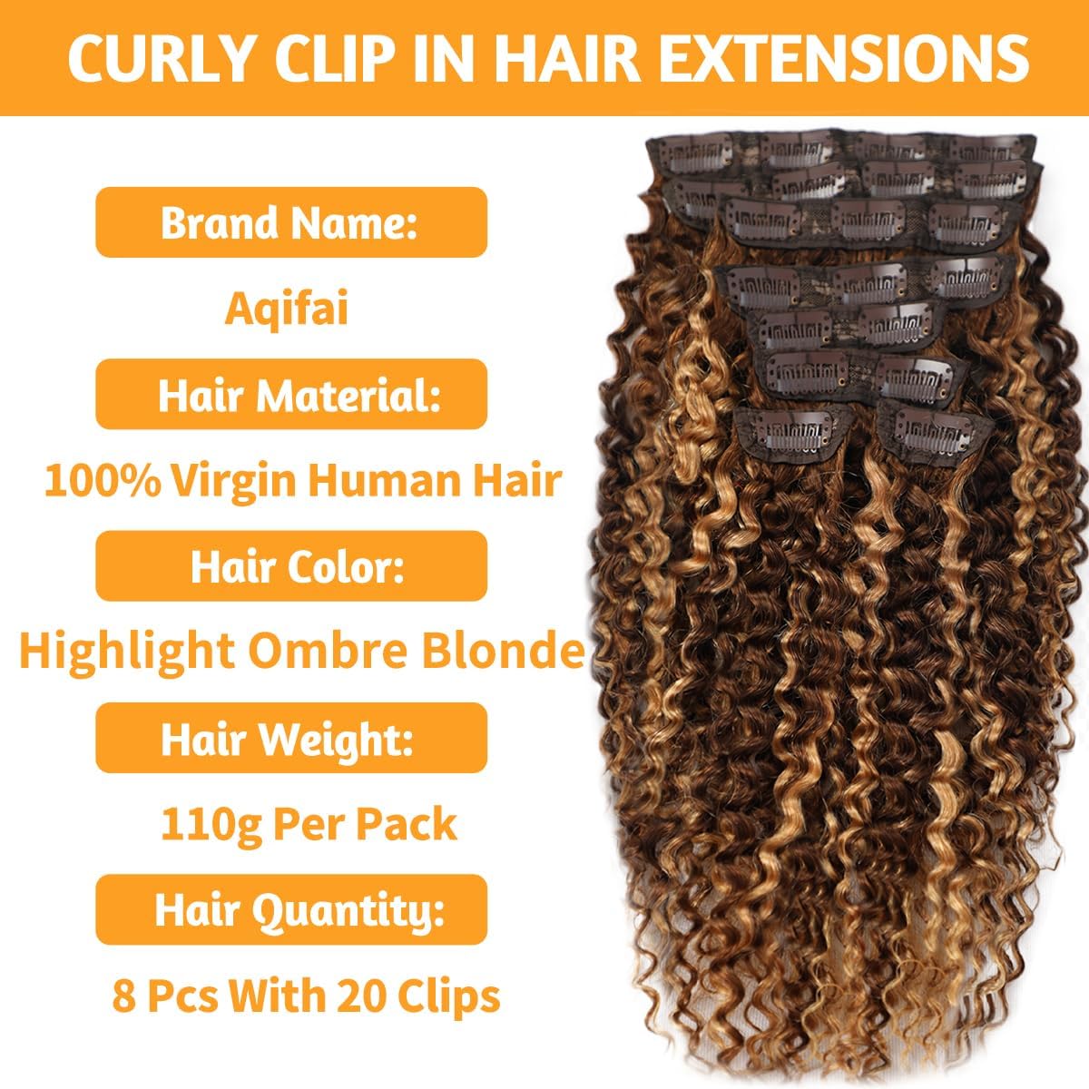 Highlight Ombre Honey Blonde 4/27 Kinky Curly Clip Ins 12 Inch 110g 8pcs 3C 4A Curly Clip In Hair Extensions Real Human Hair Full Head for Women 100% Brazilian Remy Human Hair Extensions with 20 Clips