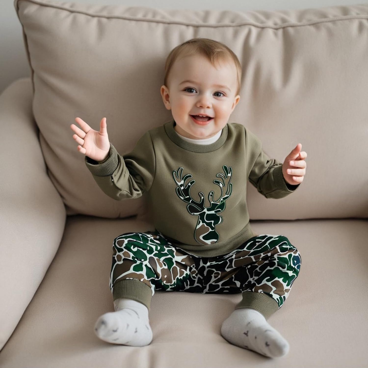 Fernvia Toddler Baby Boy Fall Hunting Clothes Wild Goose Fish Deer Print Sweatshirt Elastic Camouflage Pant Winter Outfits - Image 2