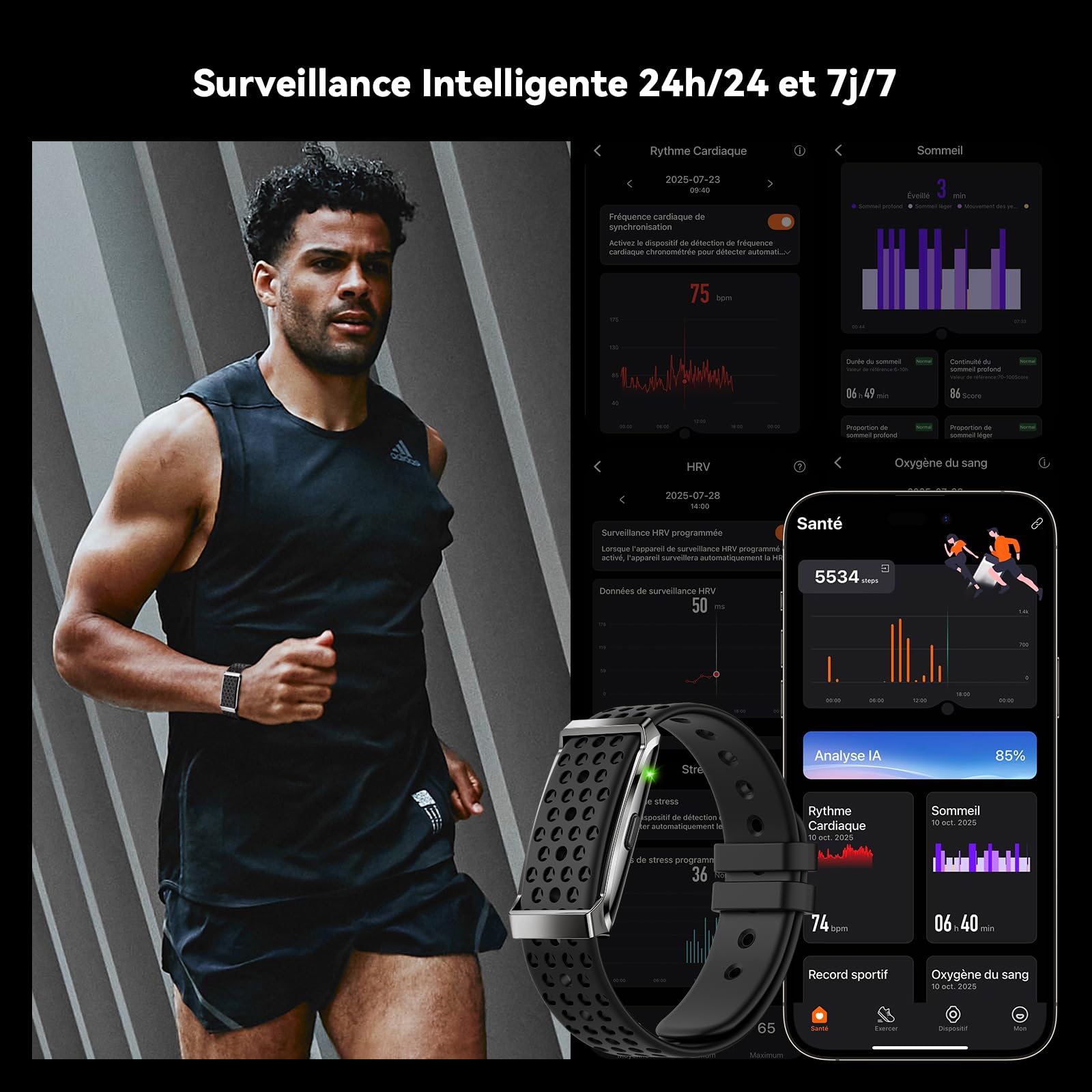 Smart Fitness Tracker Smartwatch sans Écran Noir | Suivi 24/7 Activité, Sommeil & Fréquence Cardiaque, 170+ Multisports, Autonomie 35 Jours, IP68 pour Femme Homme
