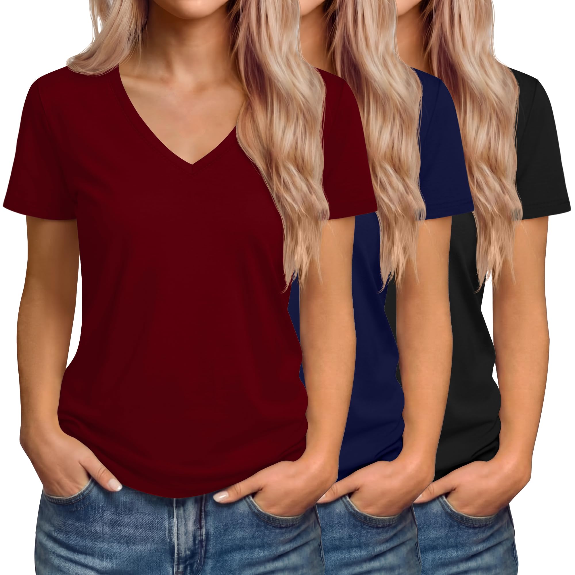 Riyiper Lot de 3 T-Shirts Femme Col V Manches Courtes Été Casual Tendance Coupe Ample Ourlet Droit Basiques