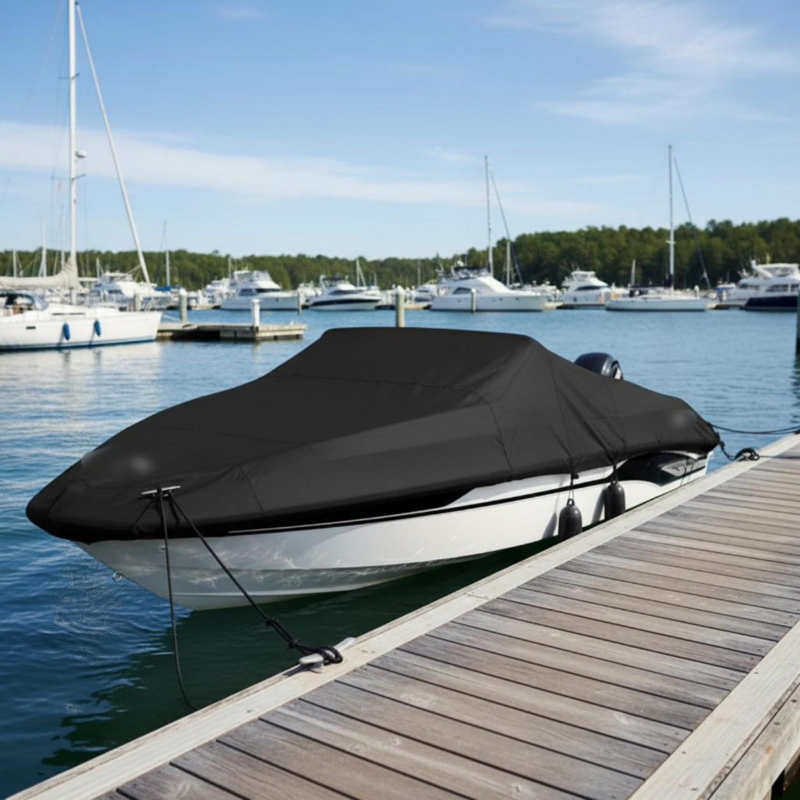 Qianly Bootsabdeckung Wasserdicht Boot Plane Persenning Schutzhülle aus 420D Oxford mit Elastischem Rand Und Gurtbefestigung Eng Anliegend bei Wind Fahrt für, M 106-115"/269-292cm L3.65m×W2.4m