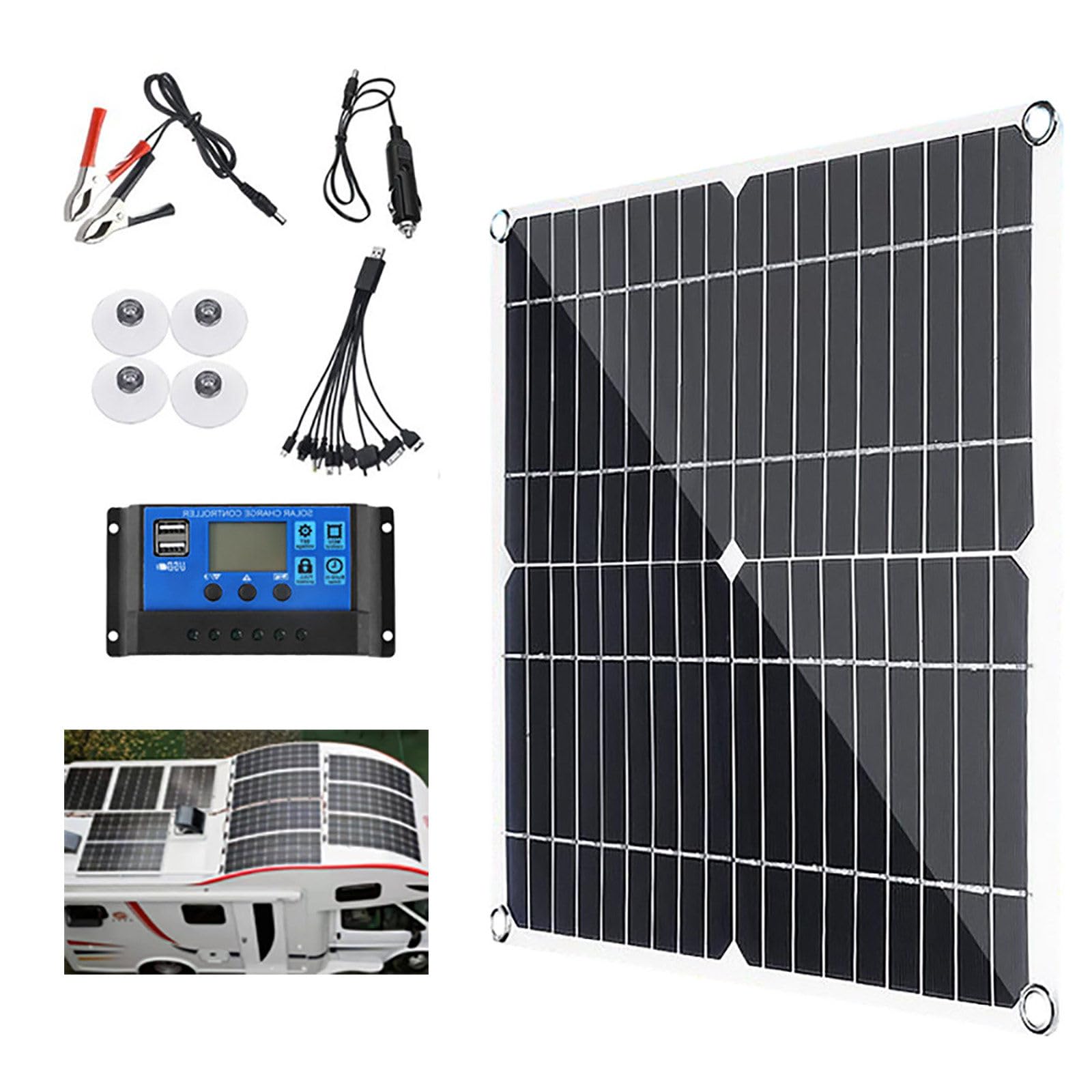 Kit Pannelli solari 200W 400W 600W 800W con Controller 30A/60A, Caricabatterie Solare Portatile USB 12V per Camper/Tetto/Campeggio/Auto/Barca/Camper, 200W-30A
