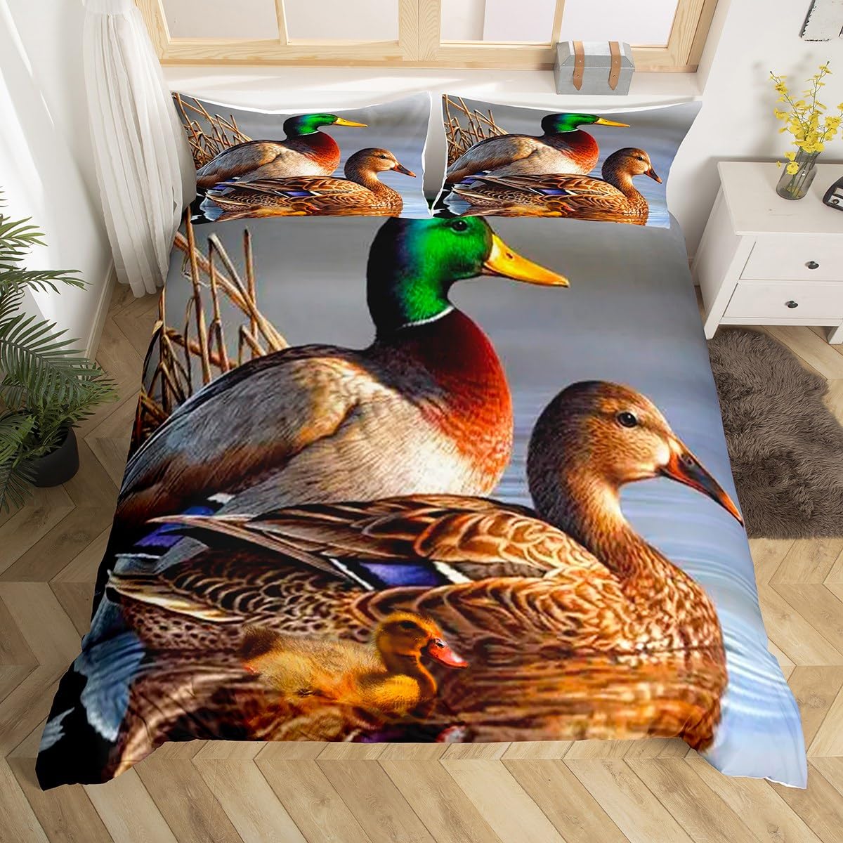 Homemissing Mallard Duvet Cover Boys Girls Duck Pattern Bedding Set For Kids Farm Animals Comforter Cover Set Natural Theme Green Bedspread Cover Room Decor Bedclothes Zipper King